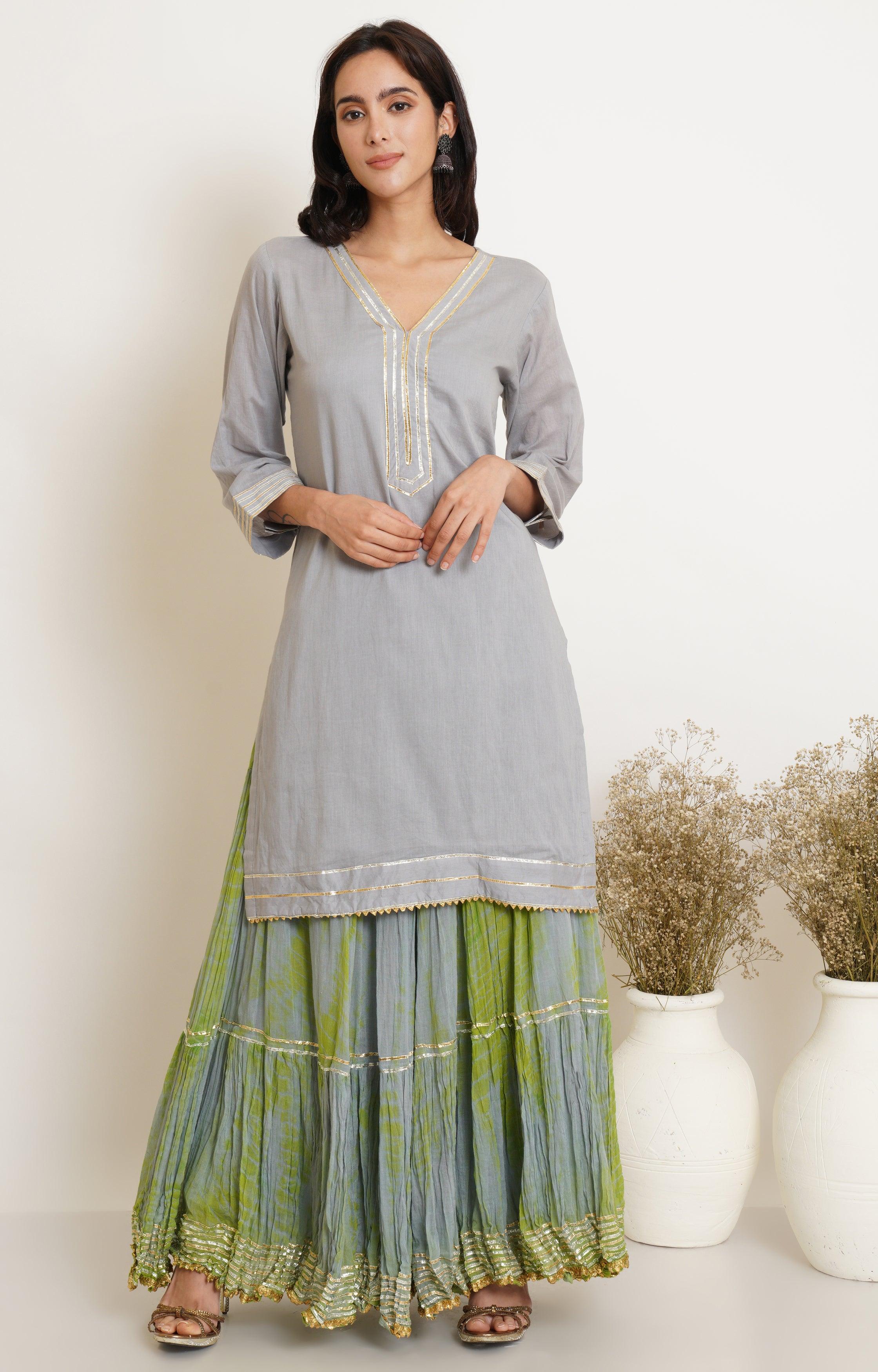 GREY LIME GREEN TIE DYE GHARARA AND DUPATTA SET OF 3