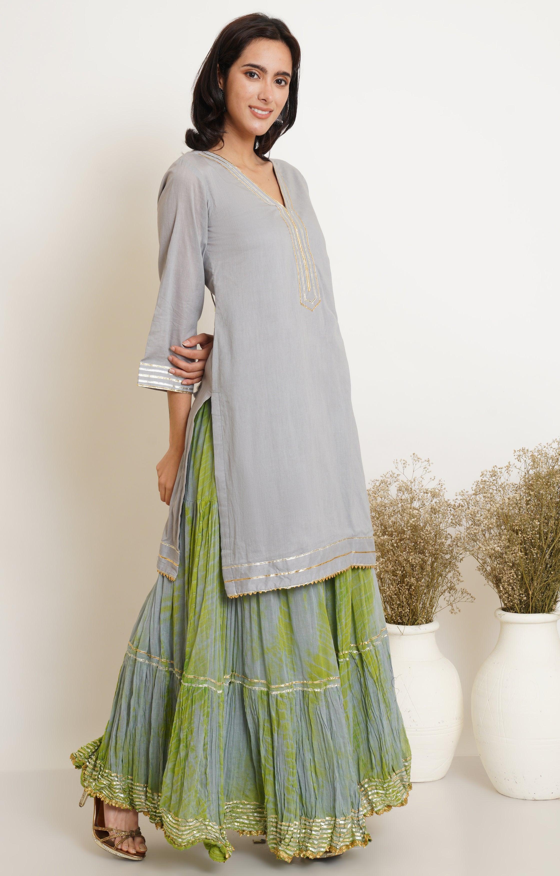 GREY LIME GREEN TIE DYE GHARARA AND DUPATTA SET OF 3