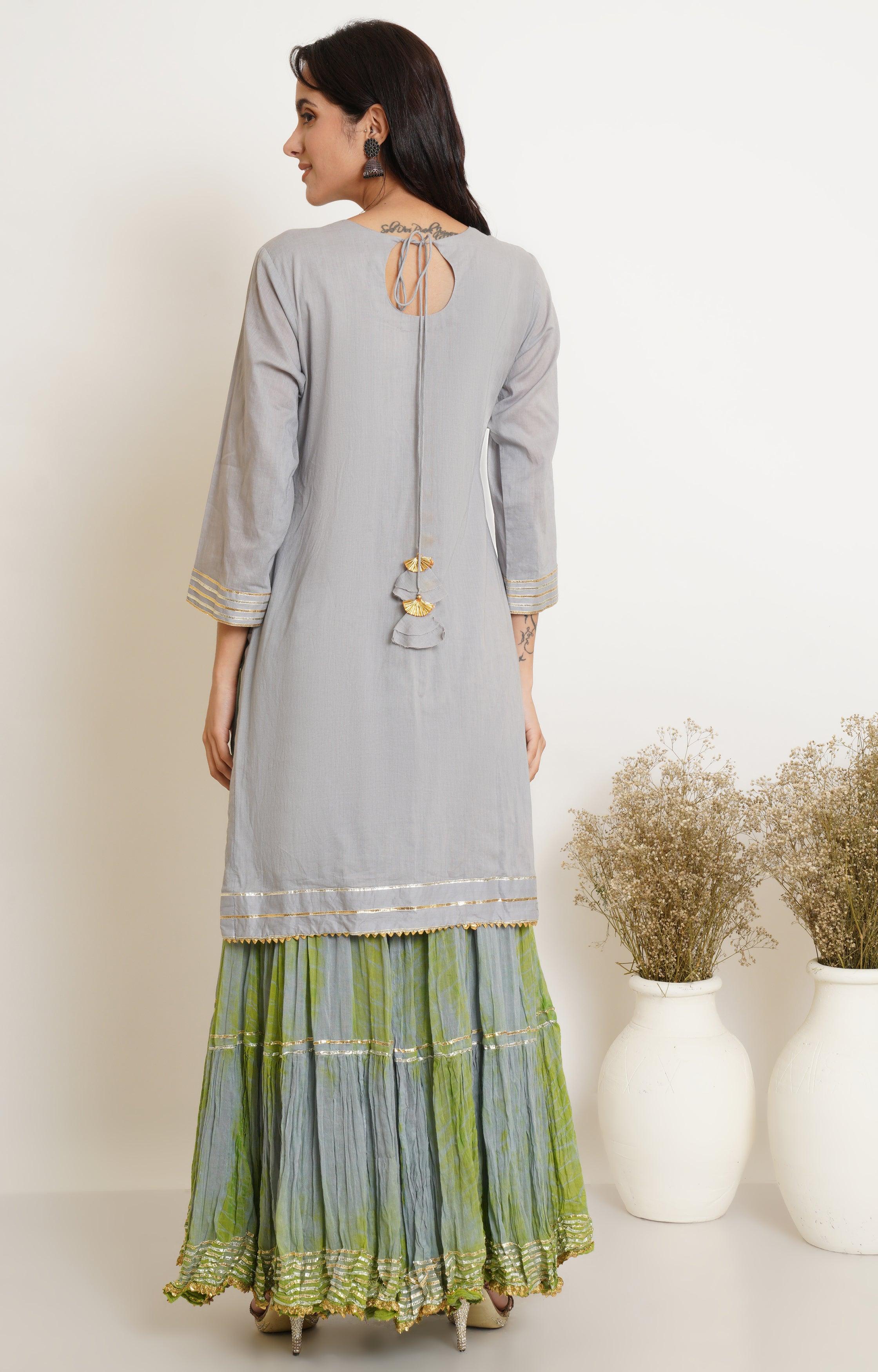 GREY LIME GREEN TIE DYE GHARARA AND DUPATTA SET OF 3