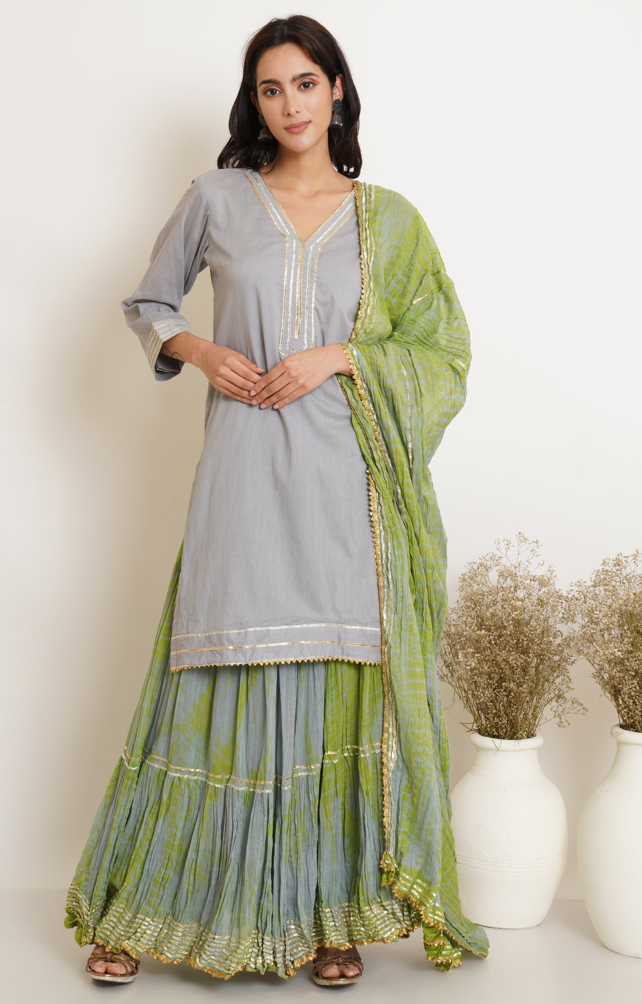 GREY LIME GREEN TIE DYE GHARARA AND DUPATTA SET OF 3