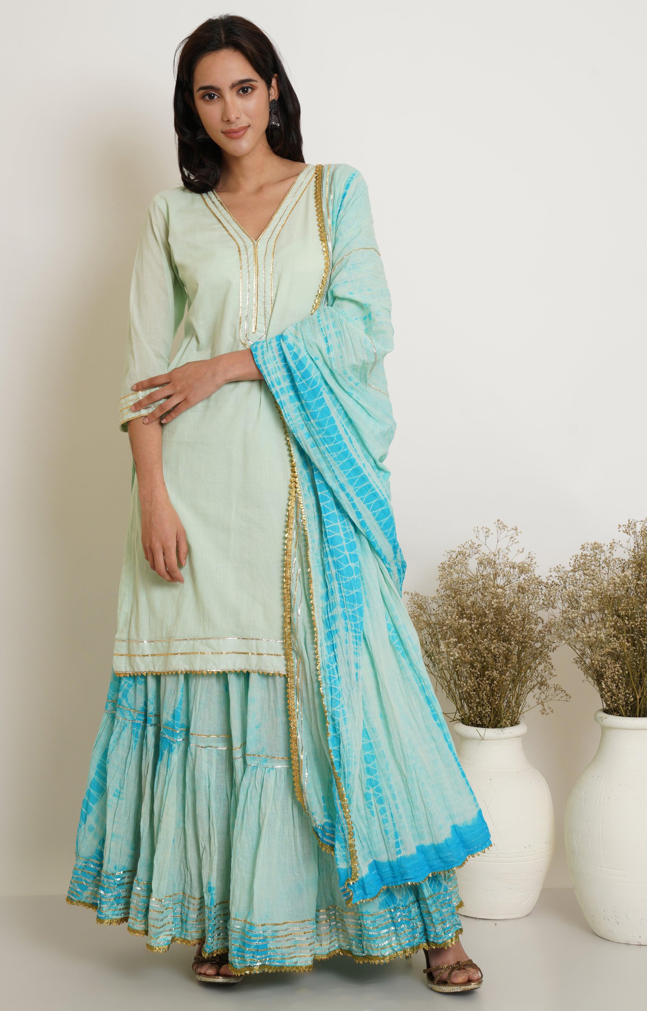 MINT GREEN AND TURQUOISE TIE DYE GHARARA SET OF 3