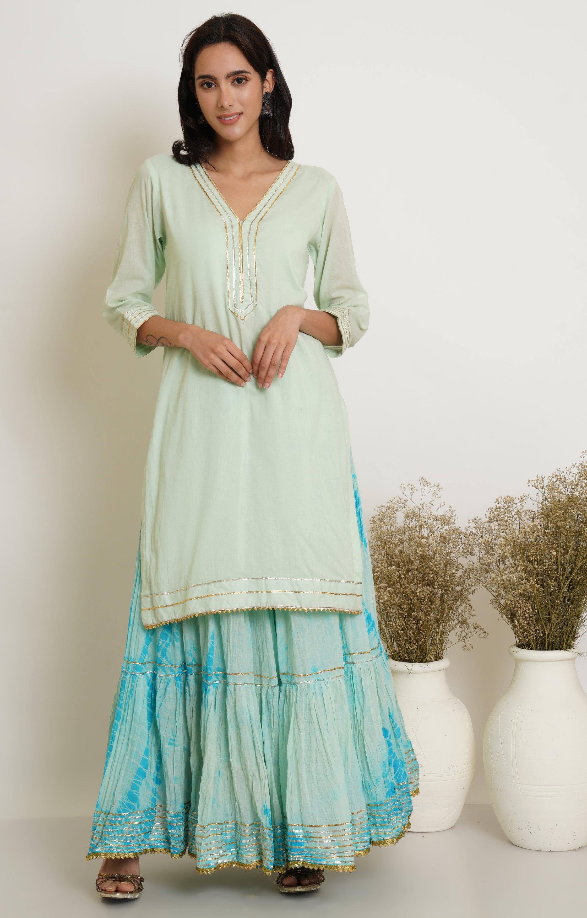 MINT GREEN AND TURQUOISE TIE DYE GHARARA SET OF 3