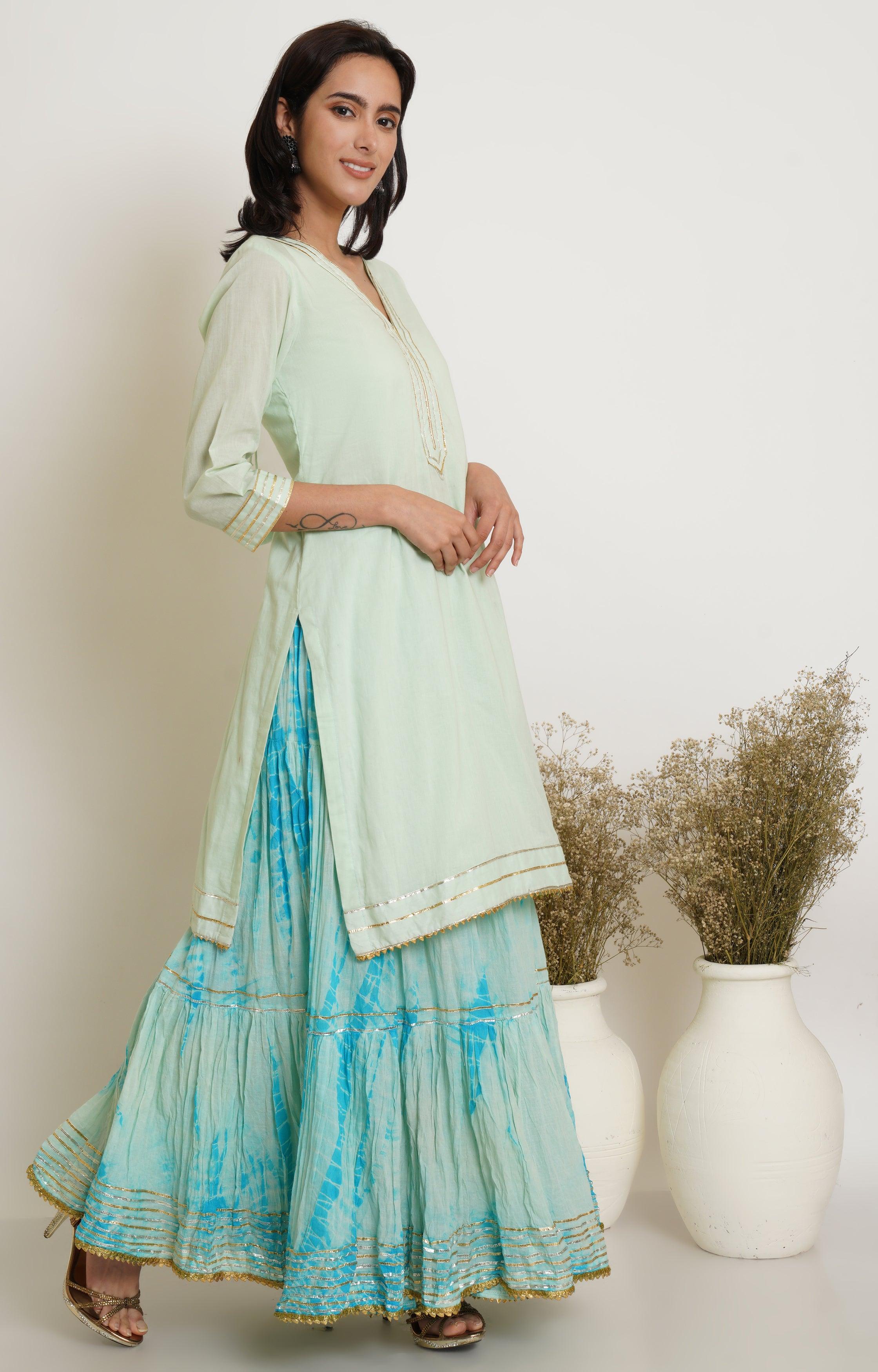 MINT GREEN AND TURQUOISE TIE DYE GHARARA SET OF 3
