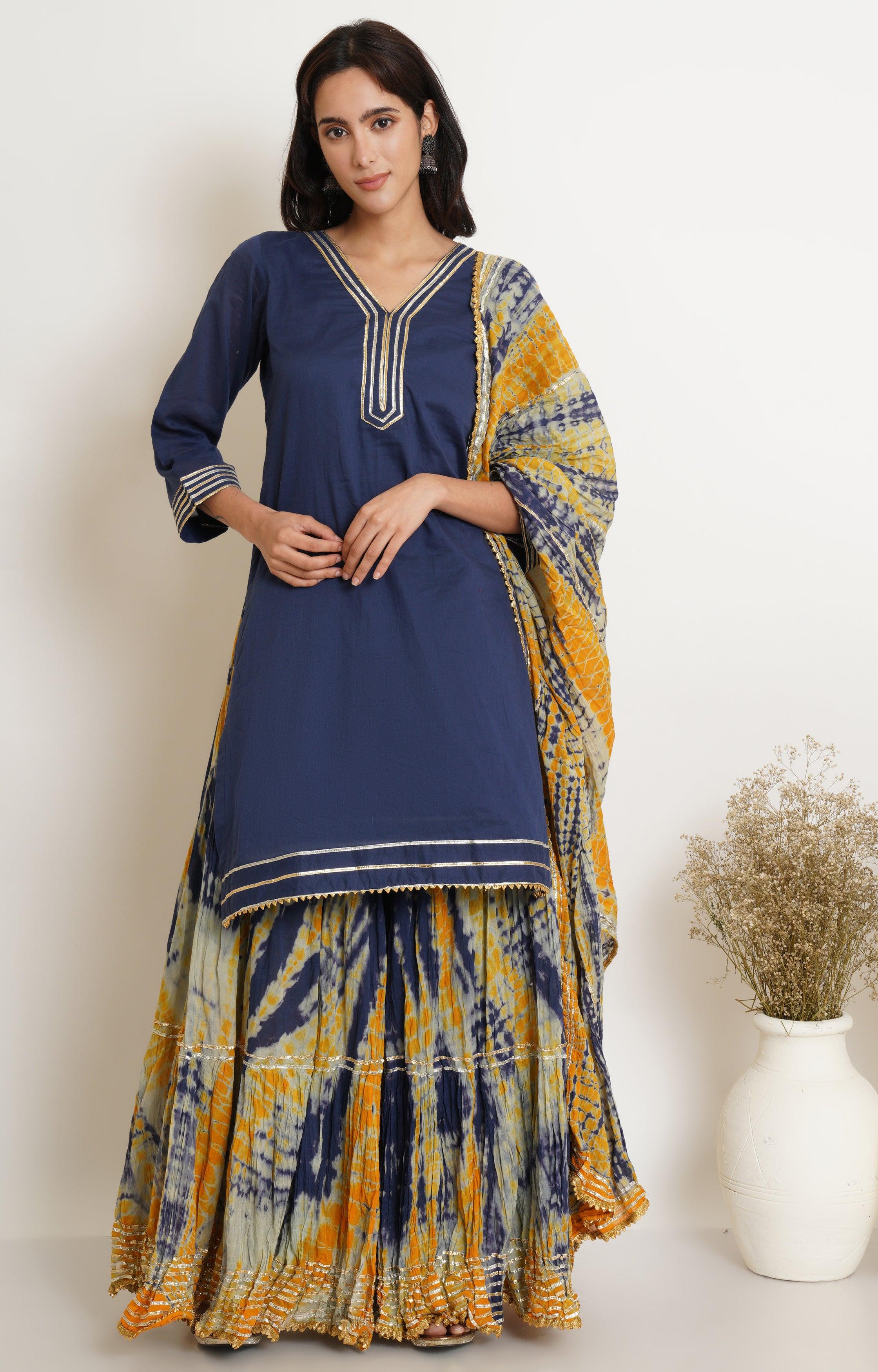 NAVY MUSTARD TIE DYE GHARARA AND DUPATTA SET OF 3