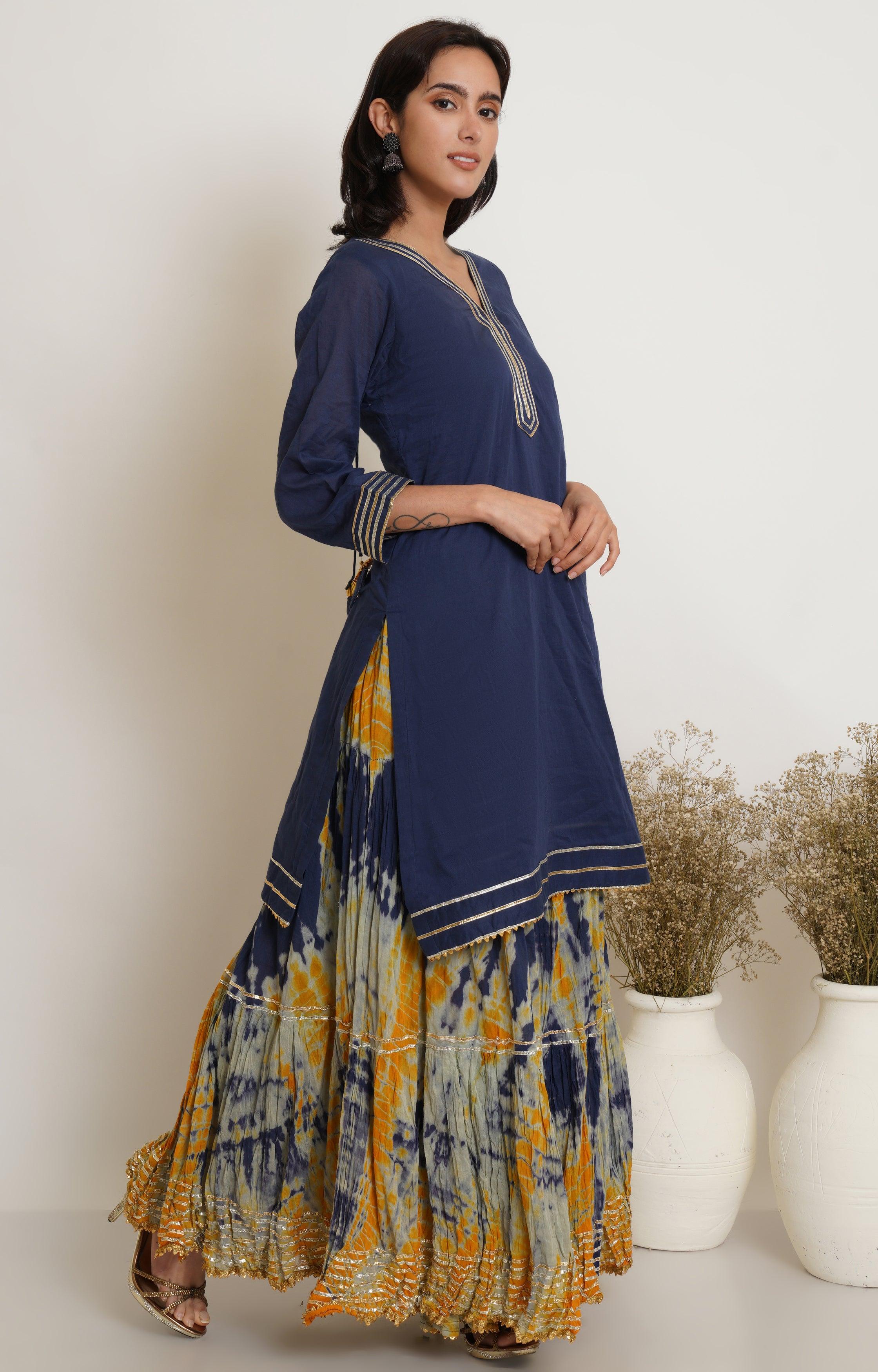NAVY MUSTARD TIE DYE GHARARA AND DUPATTA SET OF 3