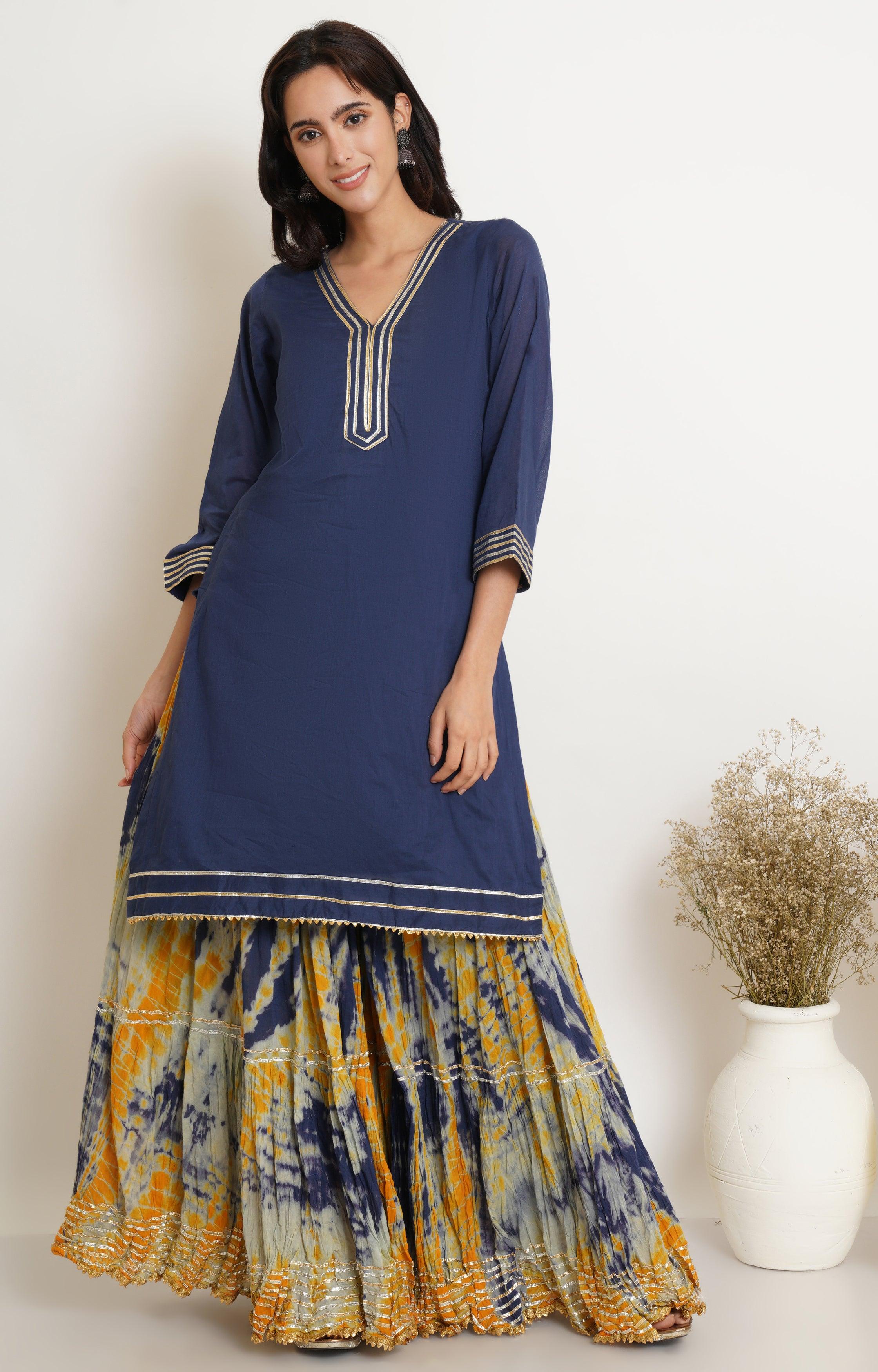 NAVY MUSTARD TIE DYE GHARARA AND DUPATTA SET OF 3