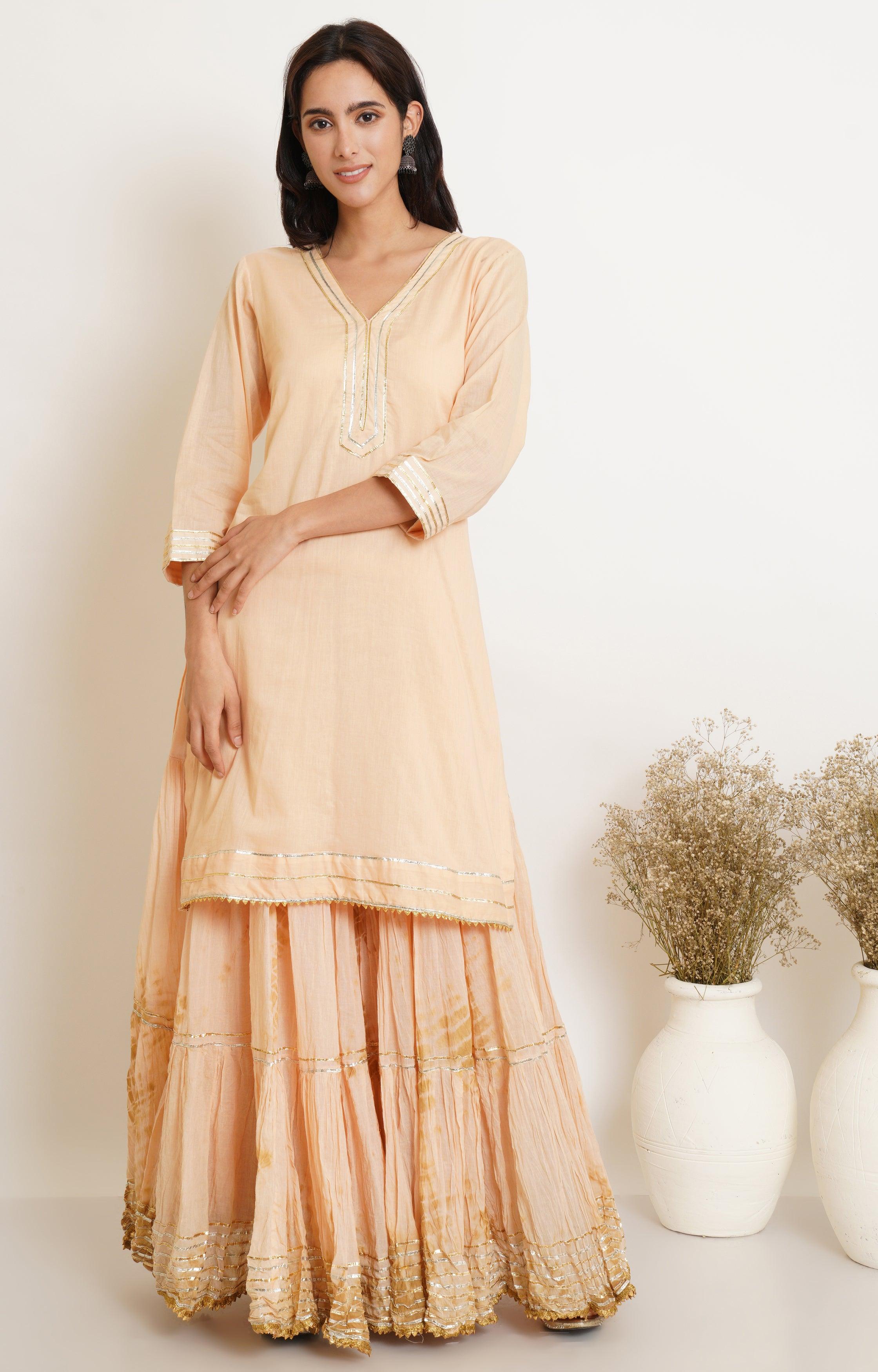 PEACH AND BEIGE TIE DYE GHARARA AND DUPATTA SET OF 3