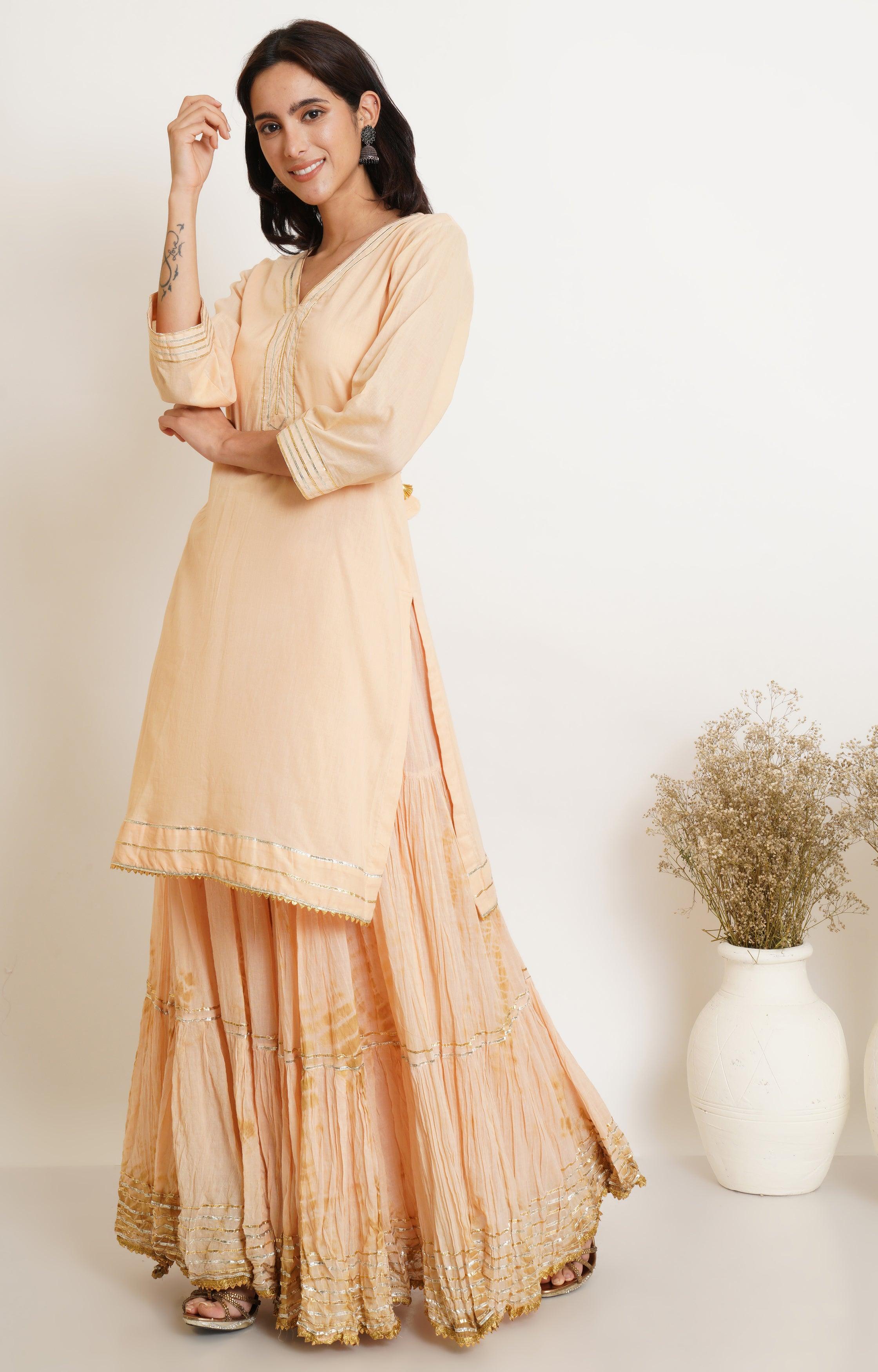 PEACH AND BEIGE TIE DYE GHARARA AND DUPATTA SET OF 3