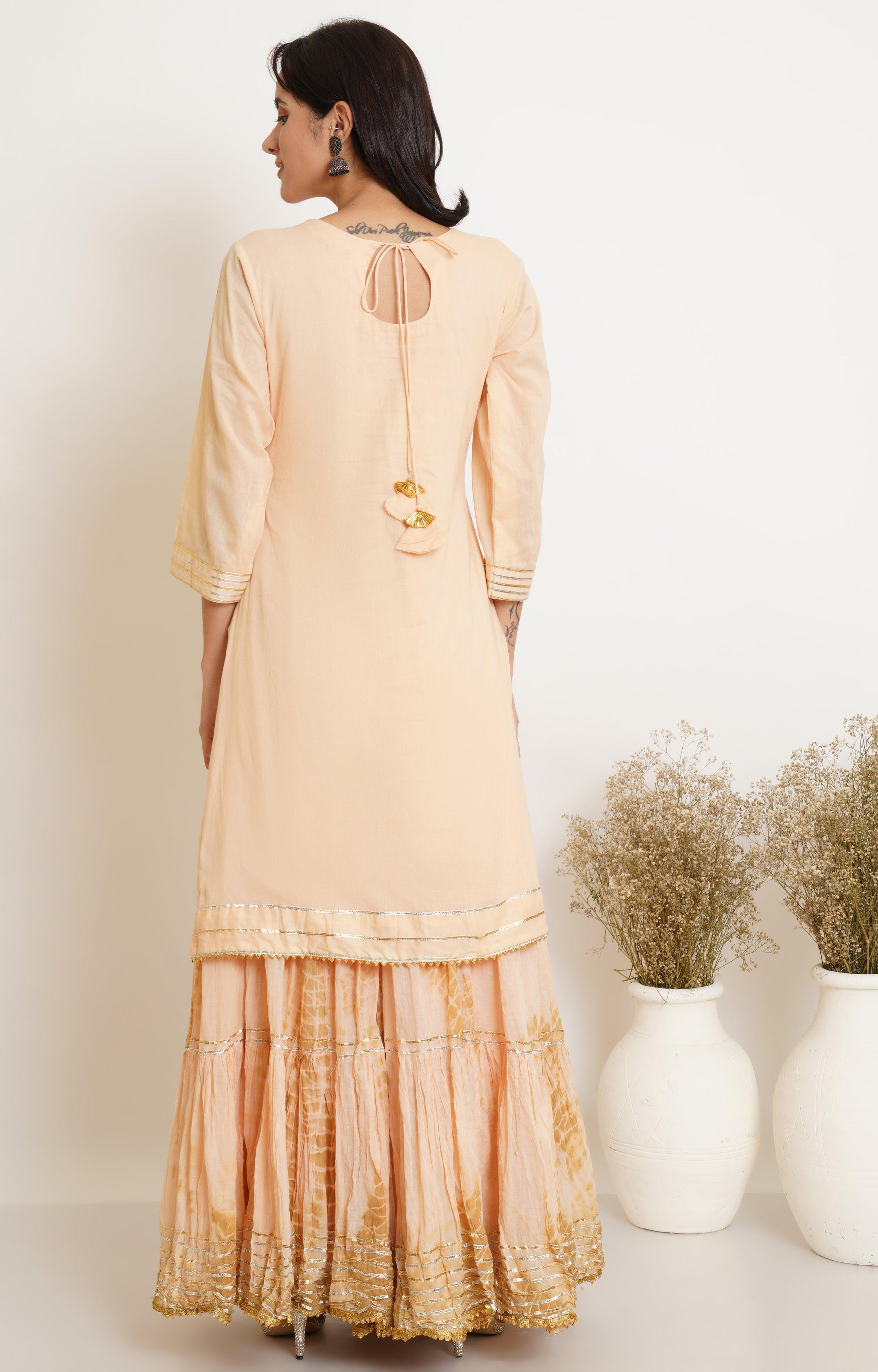 PEACH AND BEIGE TIE DYE GHARARA AND DUPATTA SET OF 3