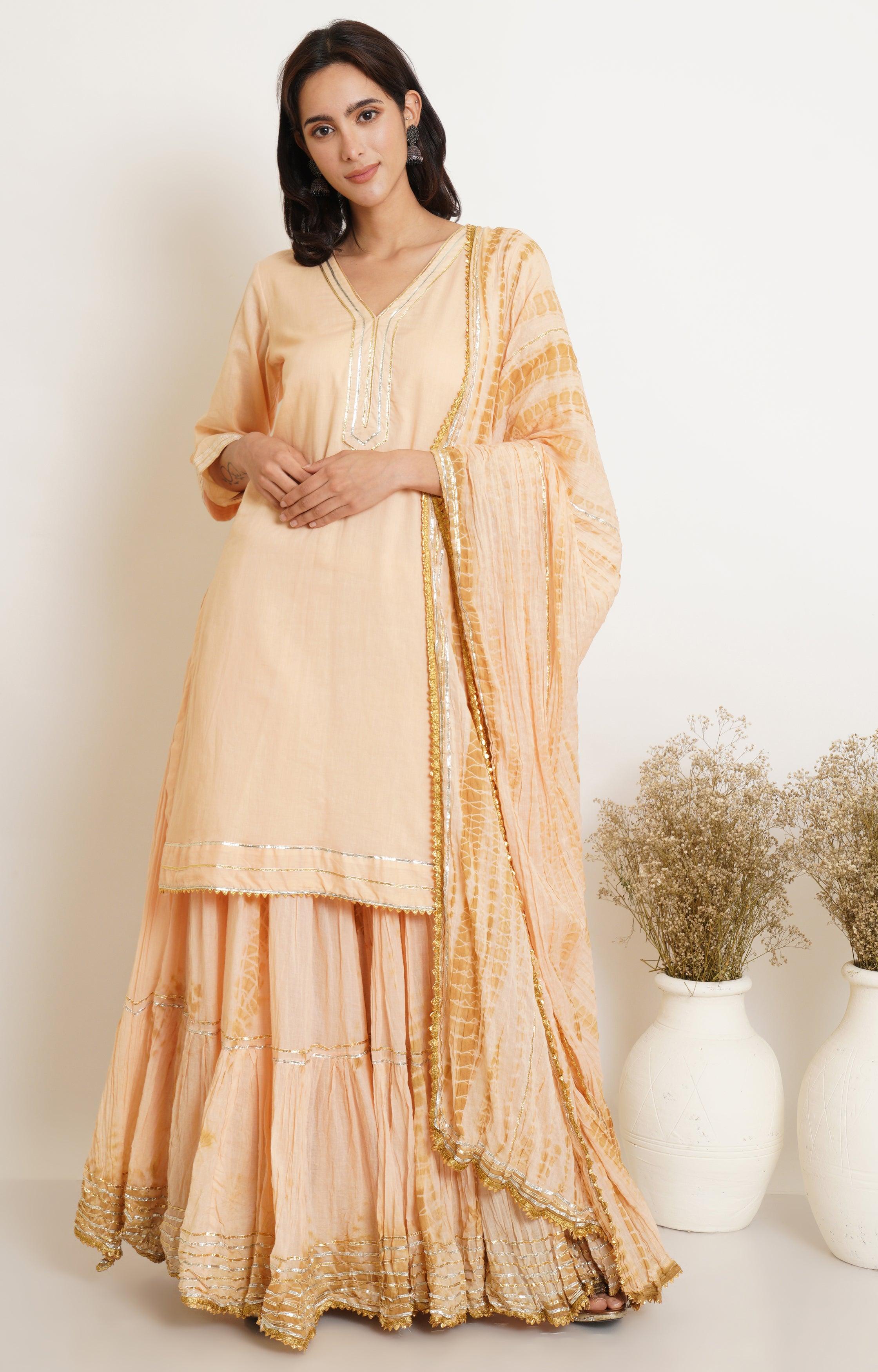PEACH AND BEIGE TIE DYE GHARARA AND DUPATTA SET OF 3