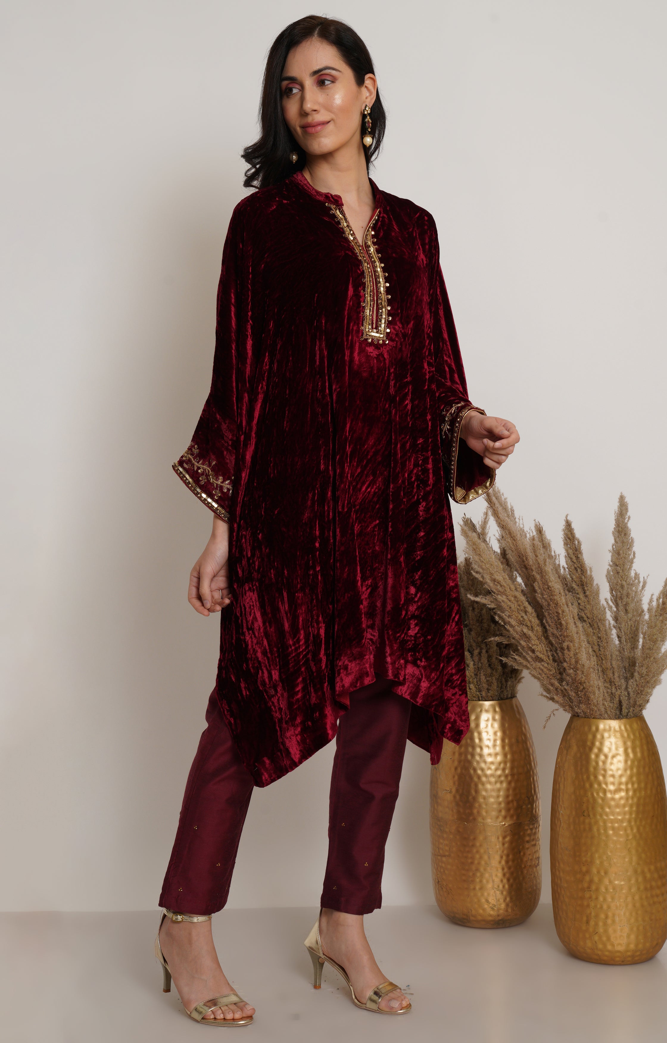 Maroon Velvet Kaftan Set of 2