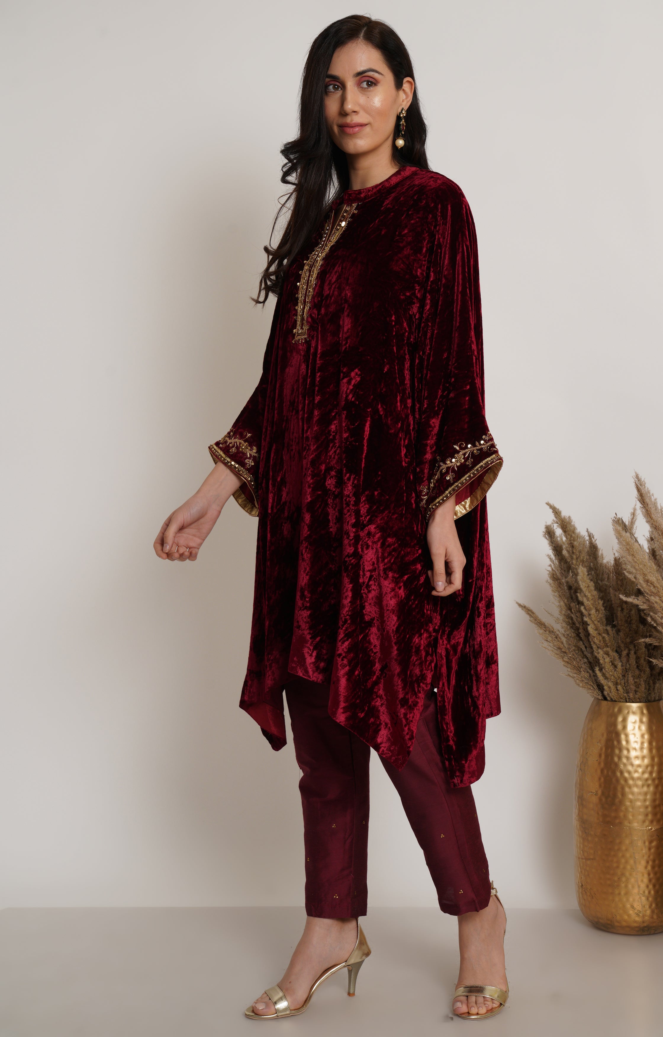 Maroon Velvet Kaftan Set of 2
