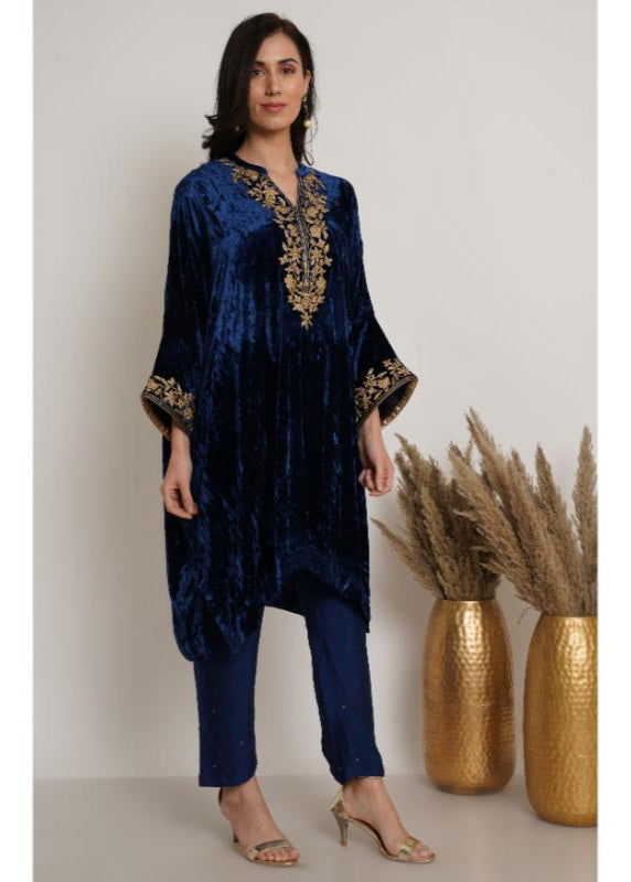 Navy Blue Velvet Embroidery Kaftan Set of 2