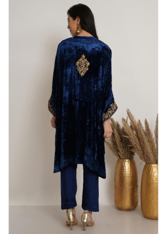 Navy Blue Velvet Embroidery Kaftan Set of 2