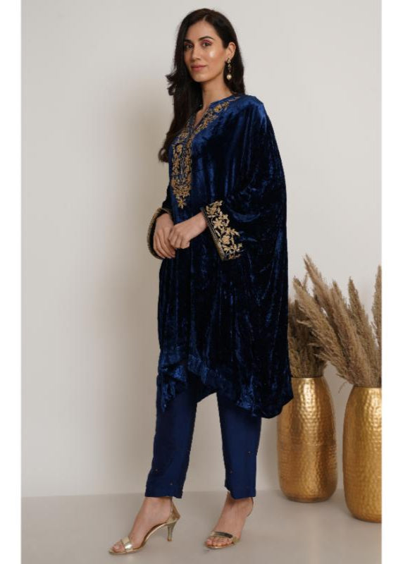 Navy Blue Velvet Embroidery Kaftan Set of 2