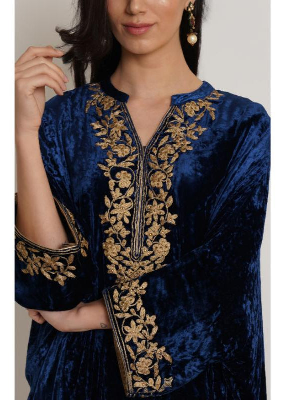 Navy Blue Velvet Embroidery Kaftan Set of 2