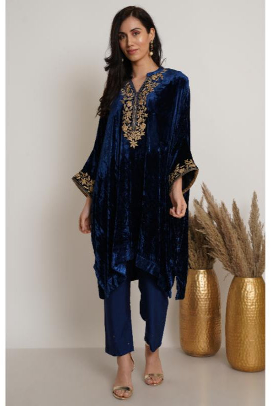 Navy Blue Velvet Embroidery Kaftan Set of 2