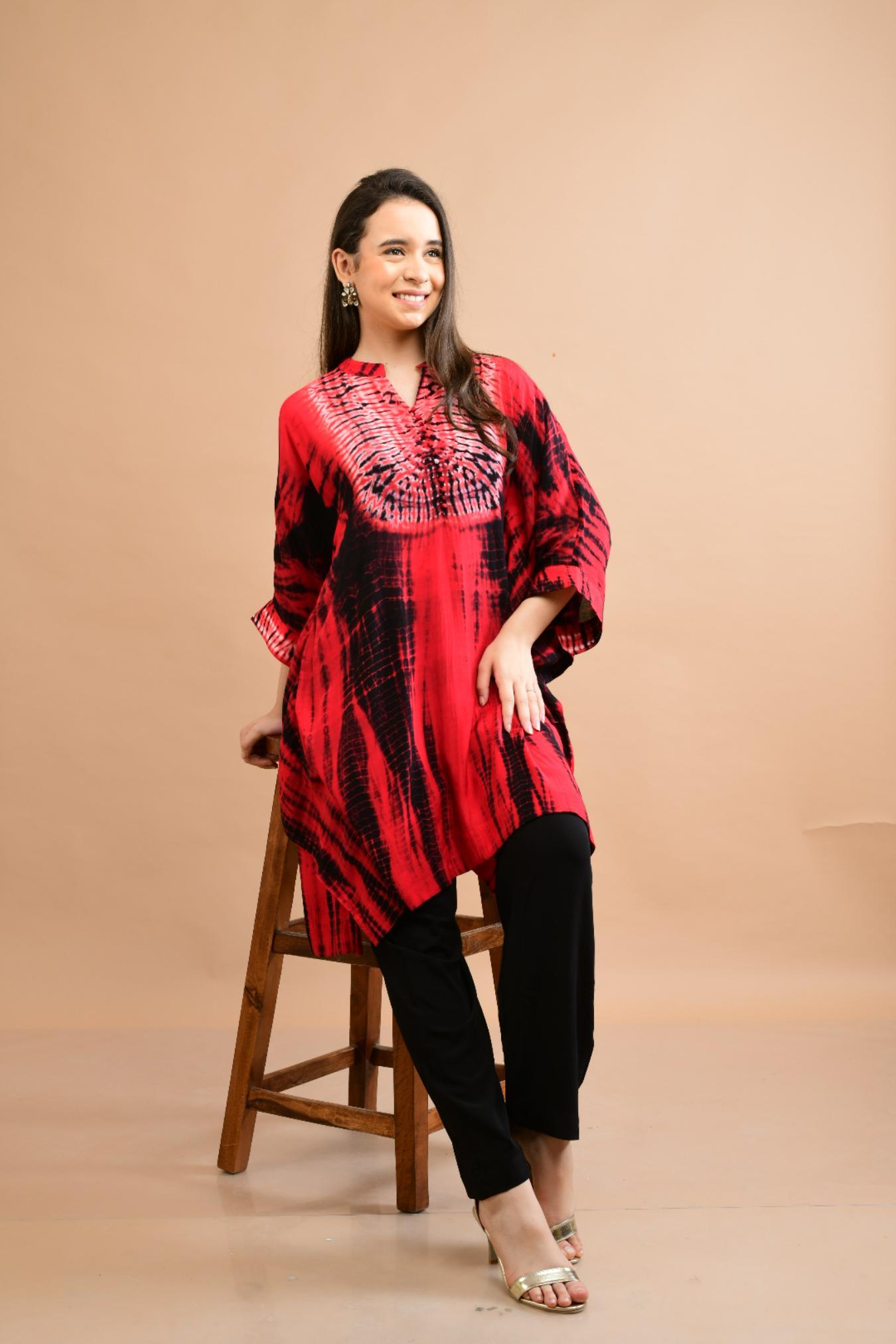 RED BLACK SHIBORI YOKE AND TUNIC SET OF 2