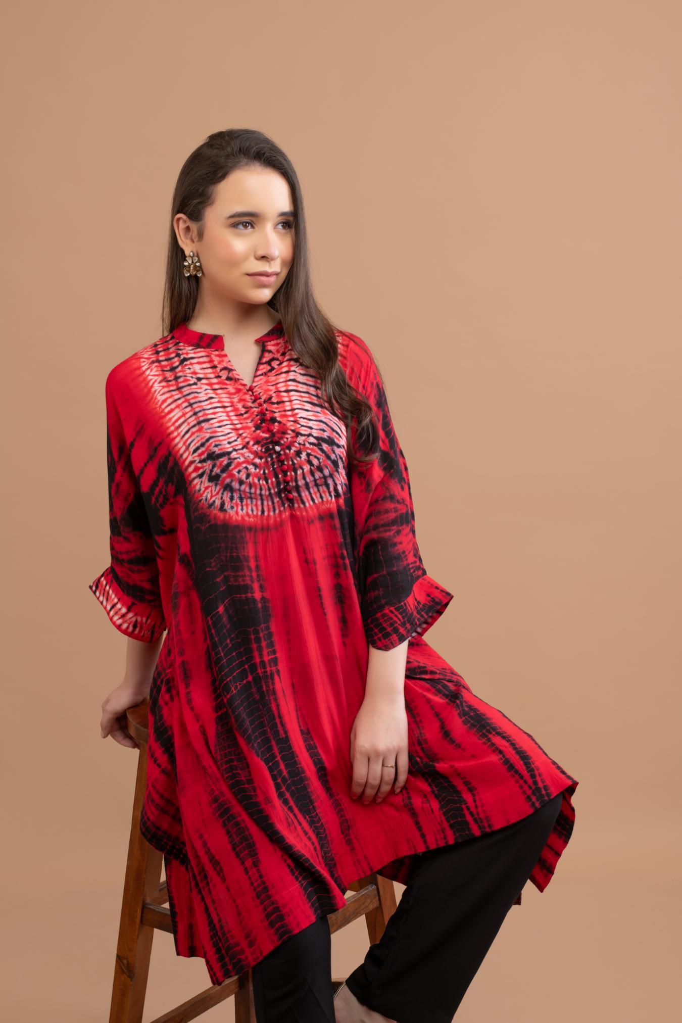 RED BLACK SHIBORI YOKE AND TUNIC SET OF 2