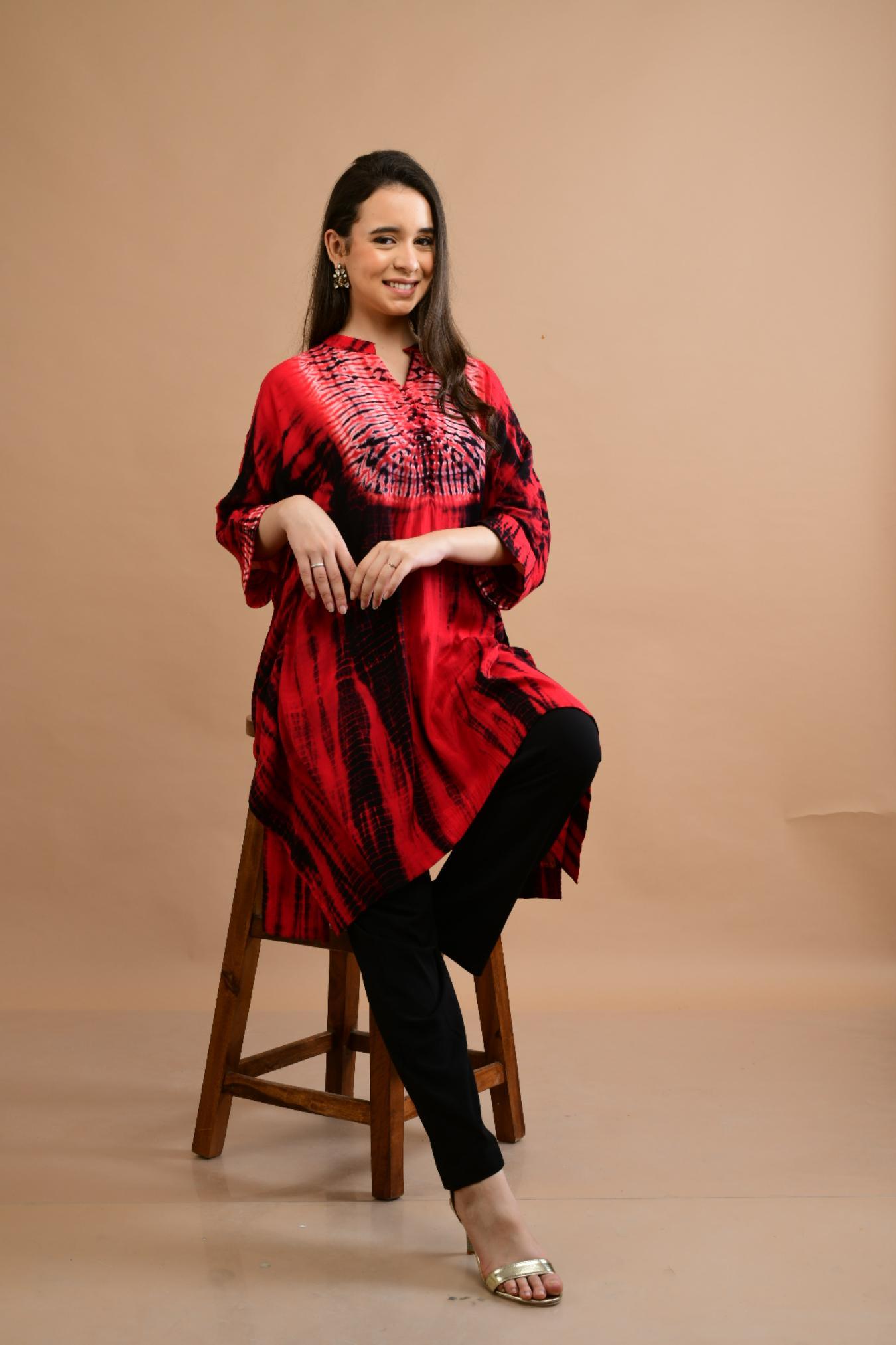 RED BLACK SHIBORI YOKE AND TUNIC SET OF 2