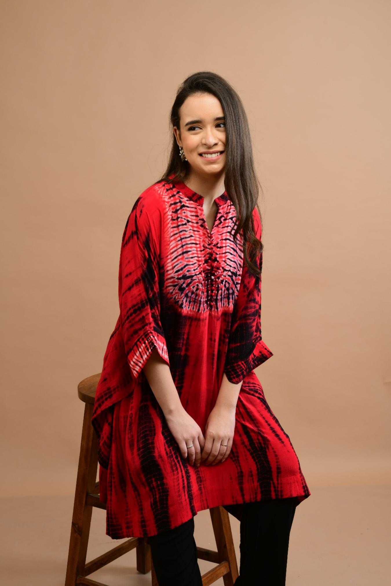 RED BLACK SHIBORI YOKE AND TUNIC SET OF 2