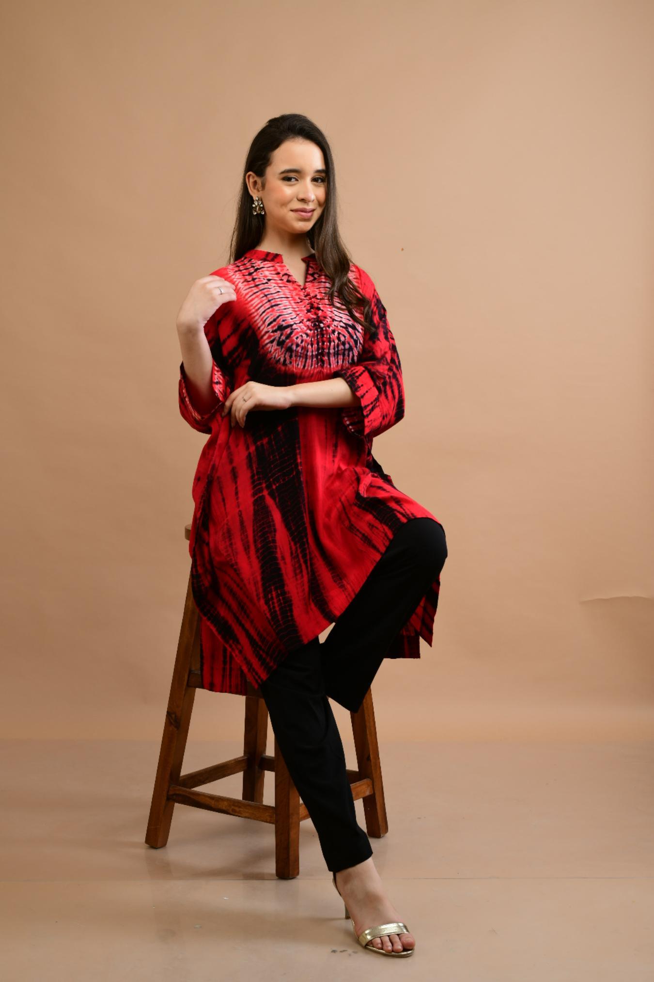 RED BLACK SHIBORI YOKE AND TUNIC SET OF 2