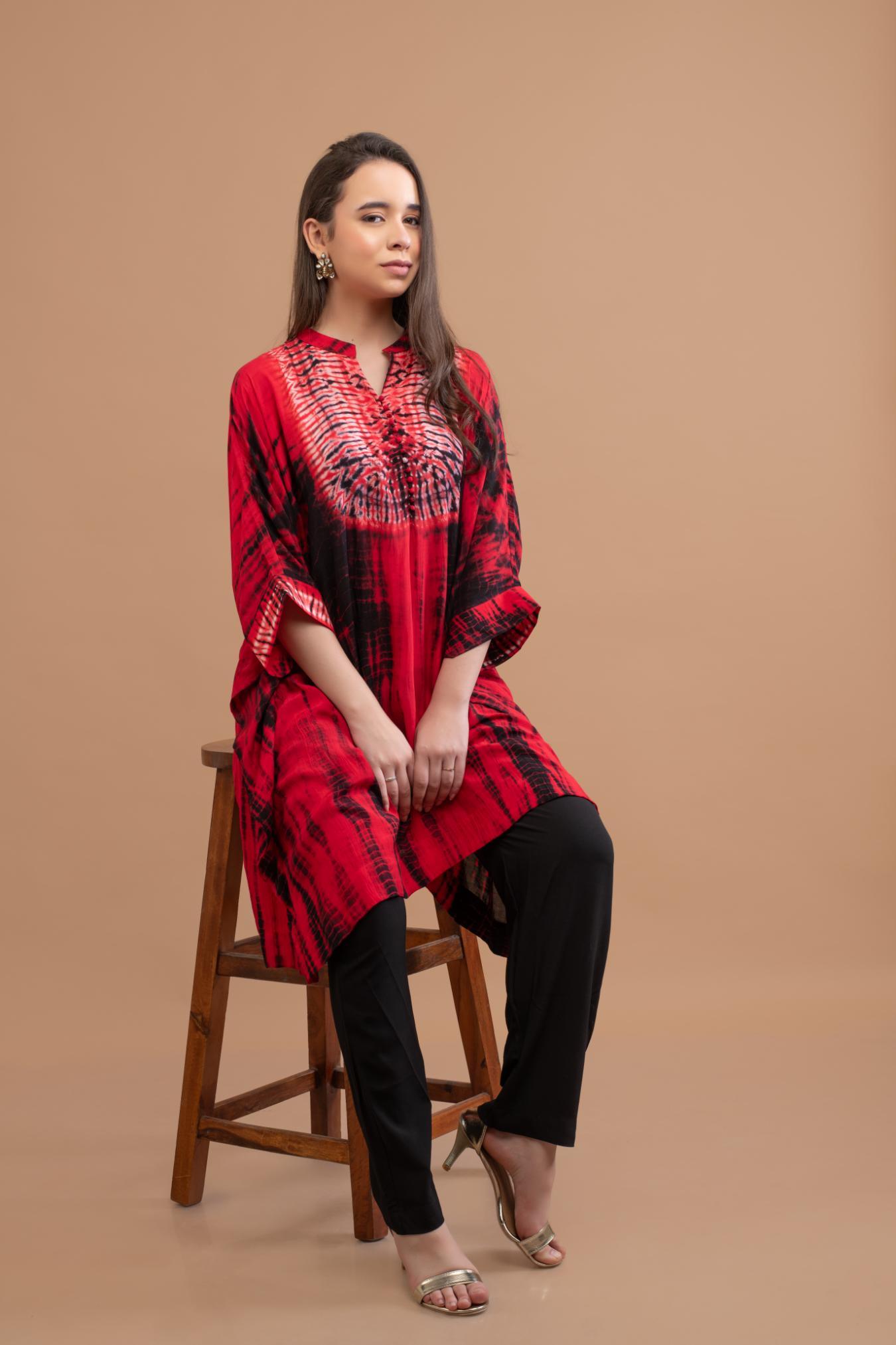 RED BLACK SHIBORI YOKE AND TUNIC SET OF 2