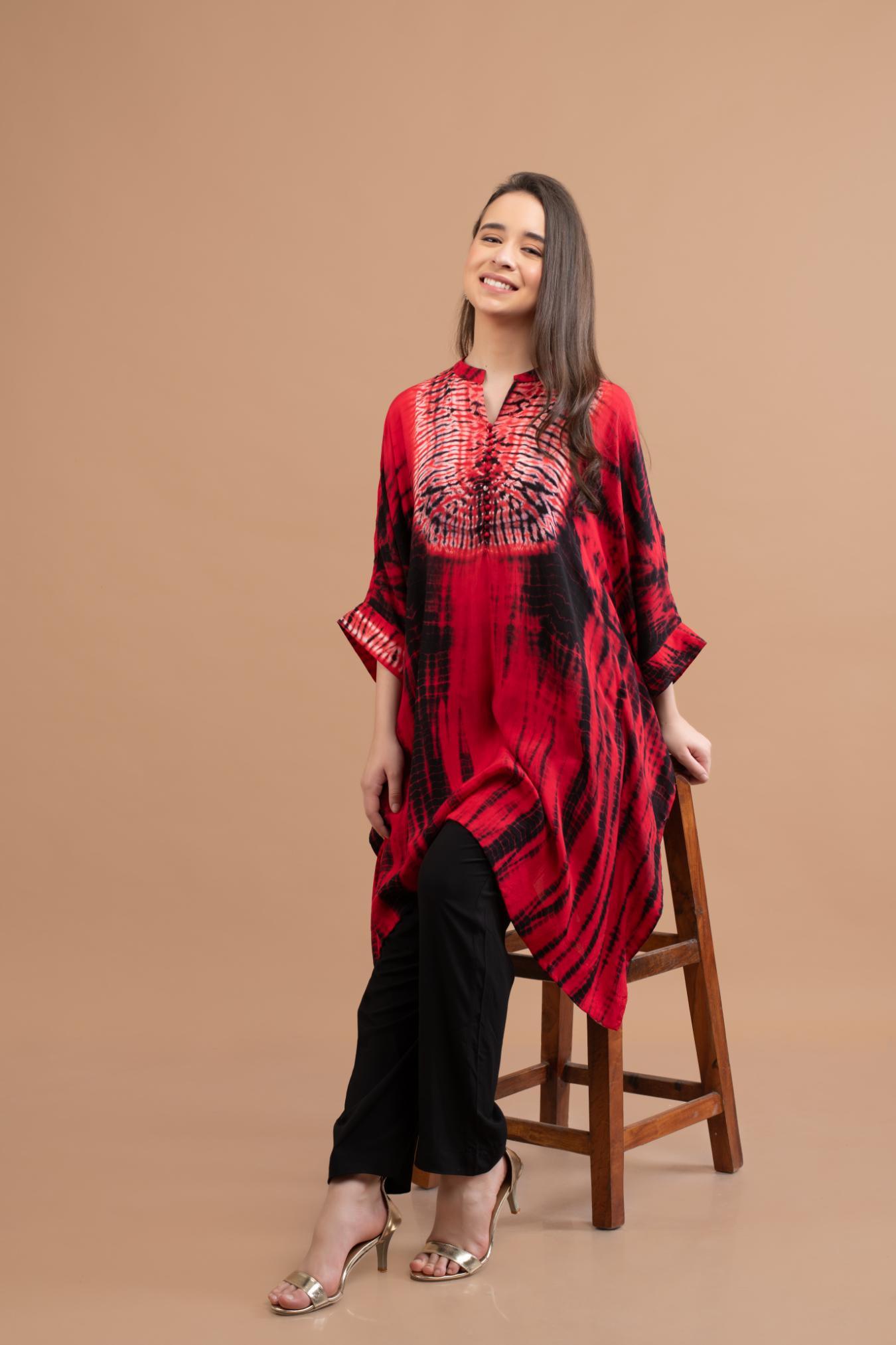 RED BLACK SHIBORI YOKE AND TUNIC SET OF 2