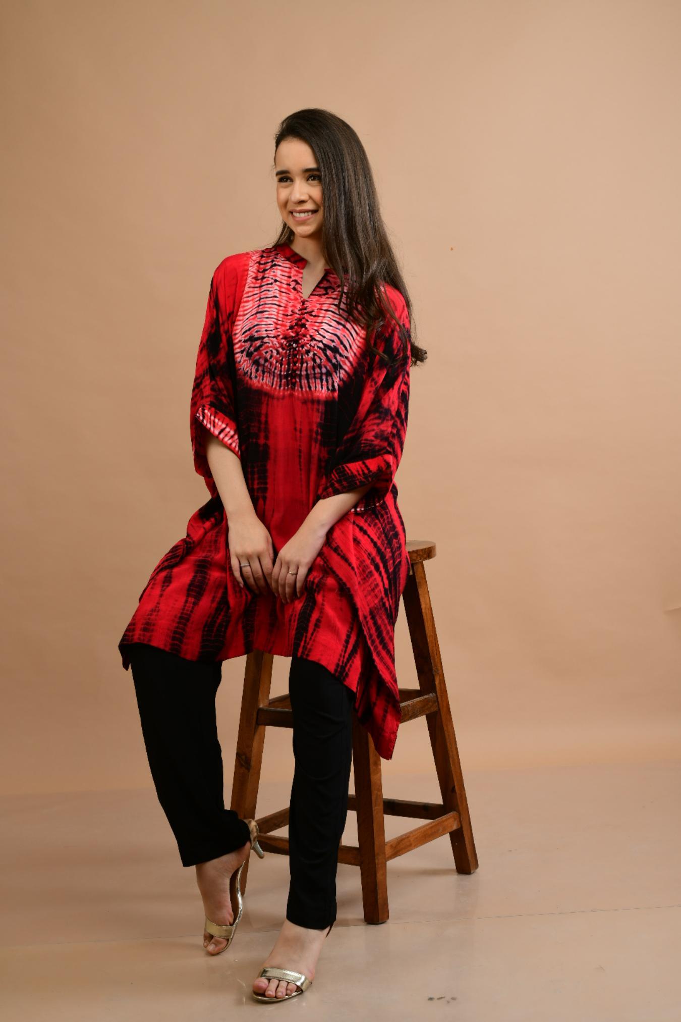RED BLACK SHIBORI YOKE AND TUNIC SET OF 2