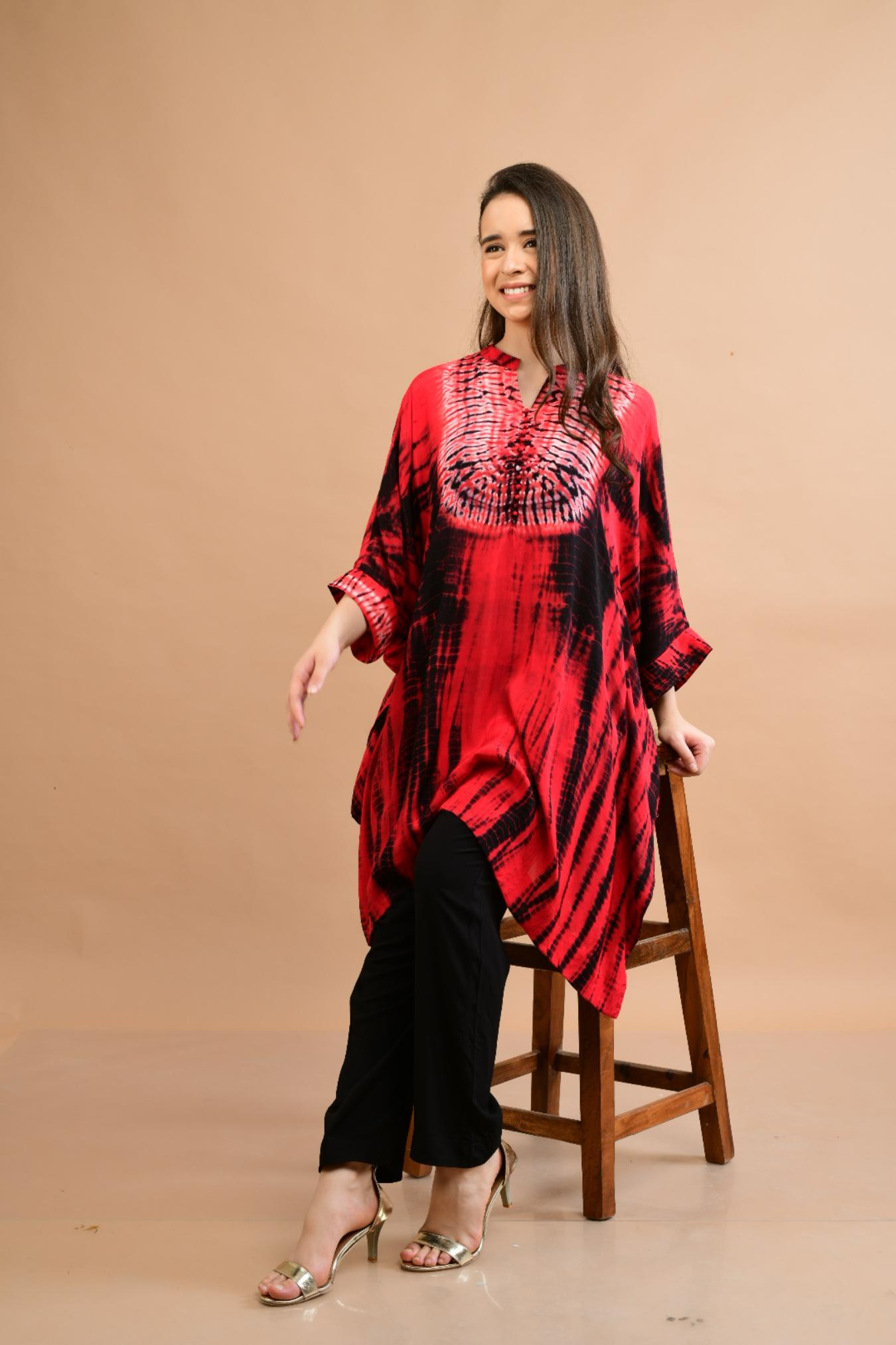 RED BLACK SHIBORI YOKE AND TUNIC SET OF 2