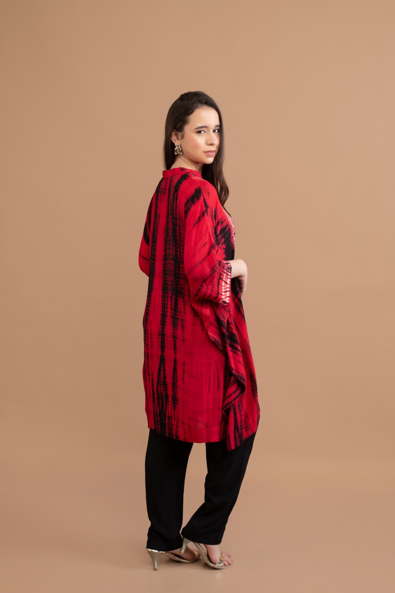 RED BLACK SHIBORI YOKE AND TUNIC SET OF 2