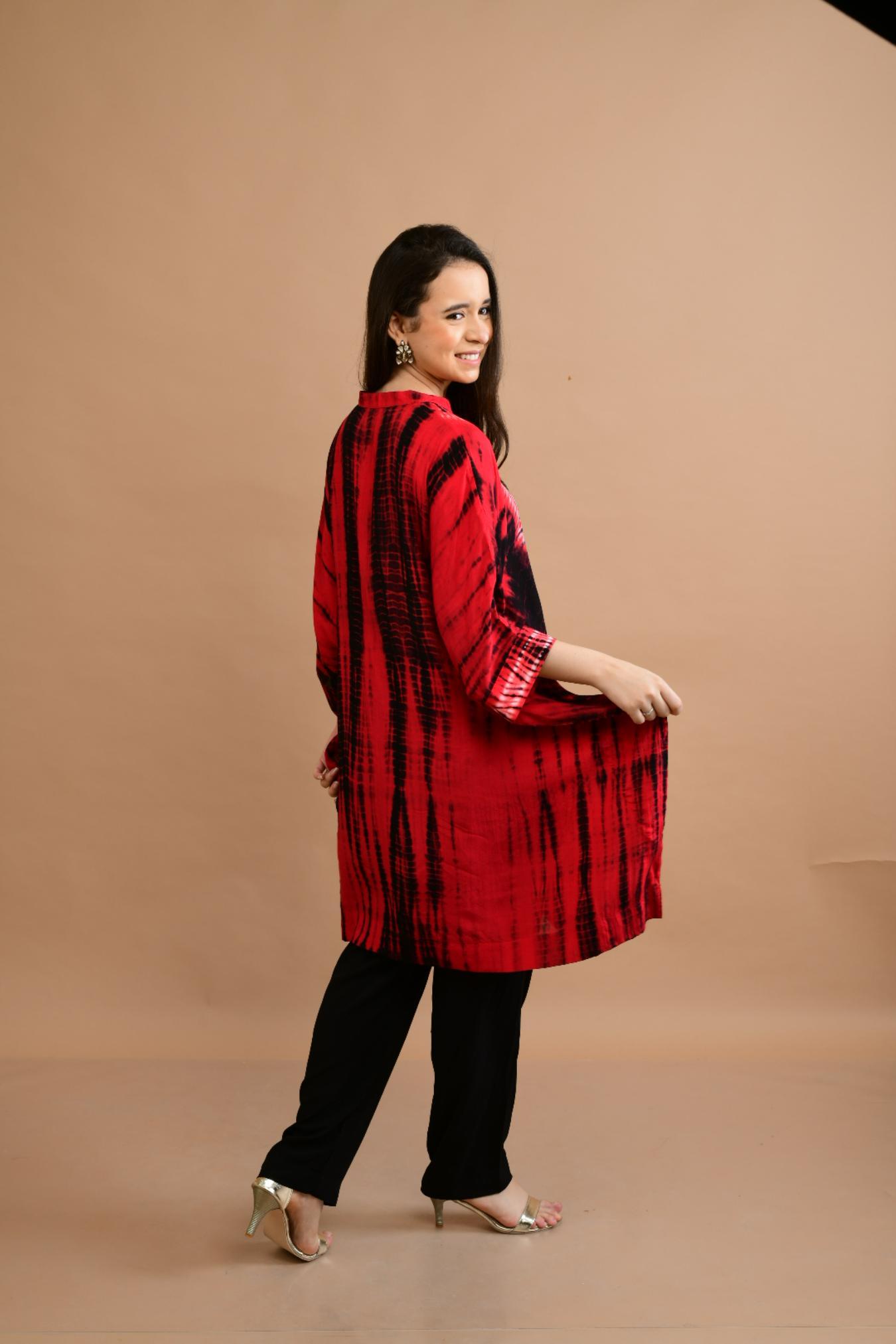 RED BLACK SHIBORI YOKE AND TUNIC SET OF 2