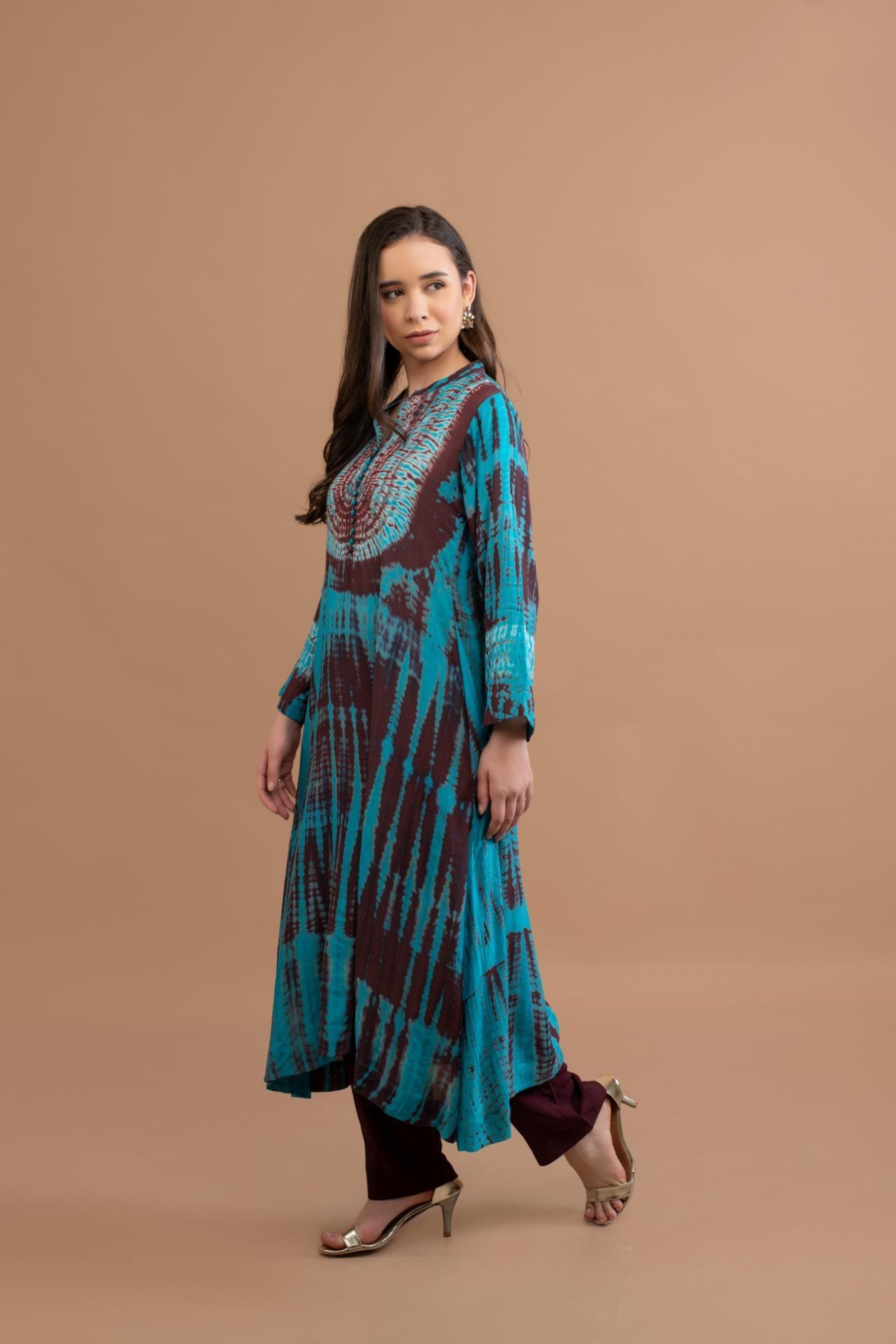 Brown Turquoise Shibori Tie Dye Kurta Set of 3
