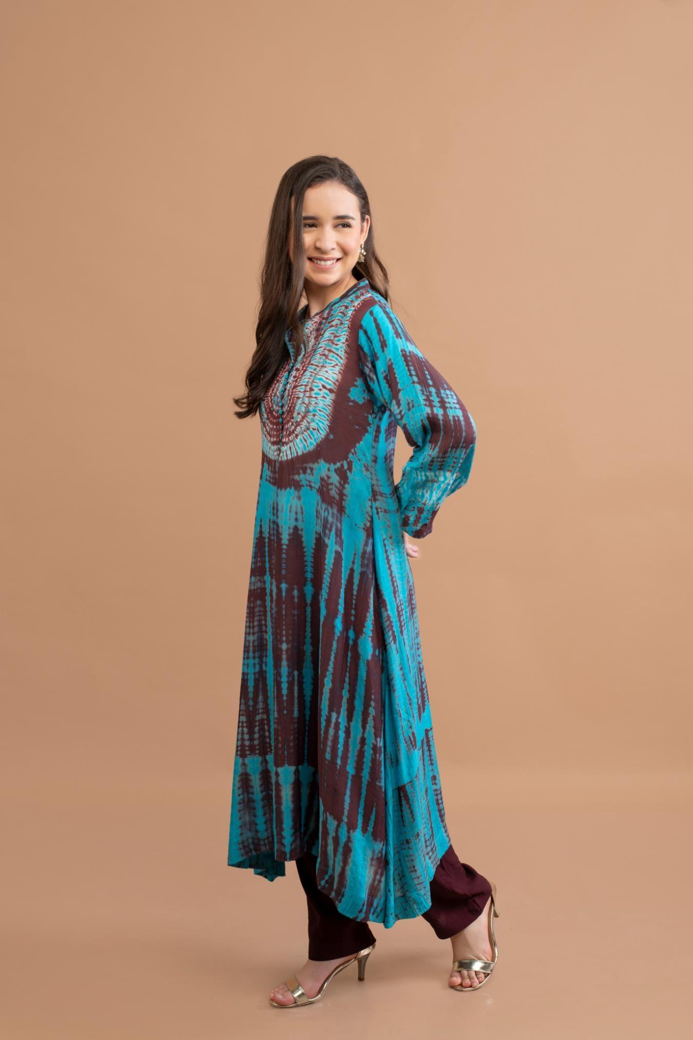 Brown Turquoise Shibori Tie Dye Kurta Set of 3