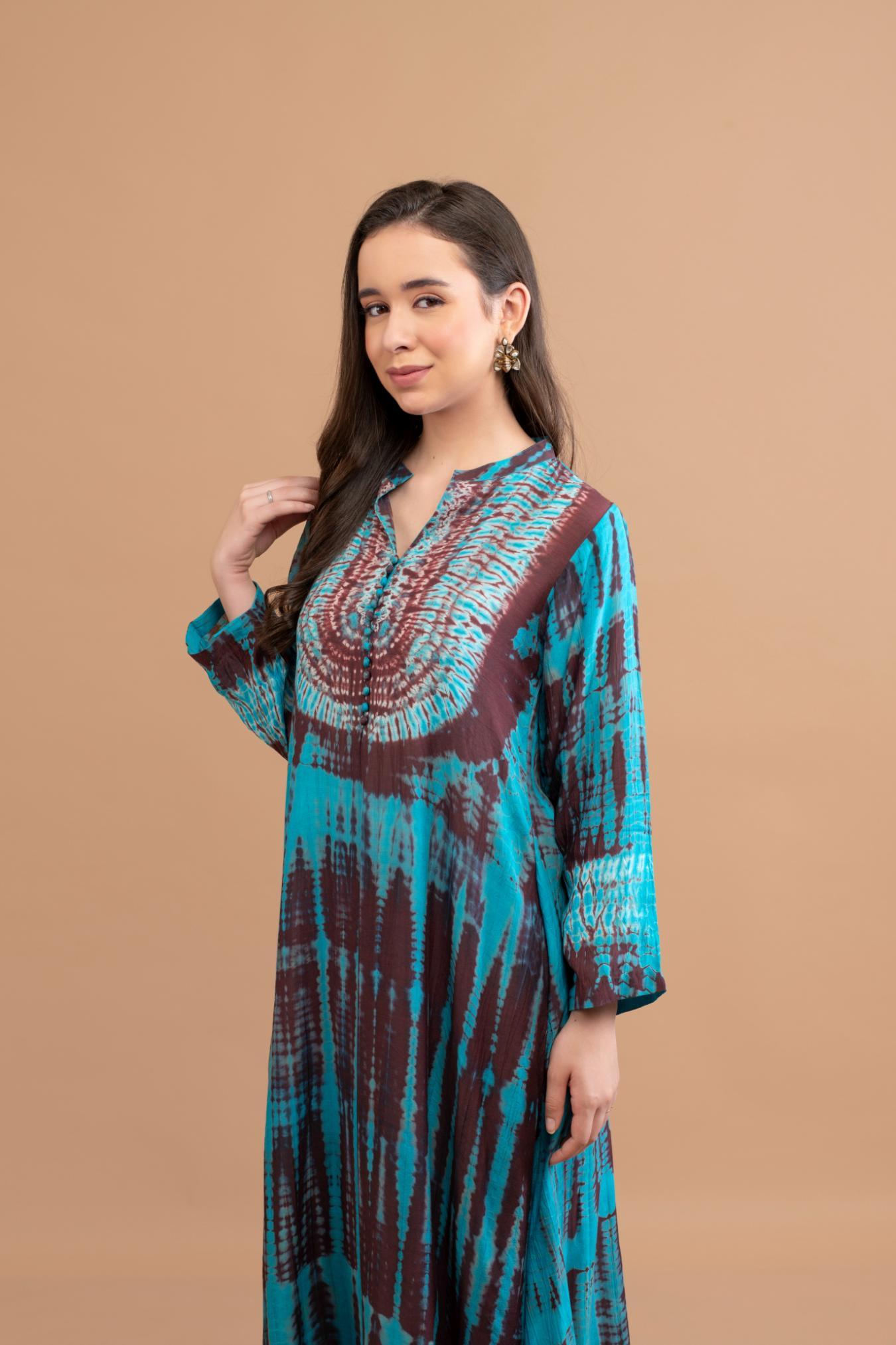 Brown Turquoise Shibori Tie Dye Kurta Set of 3