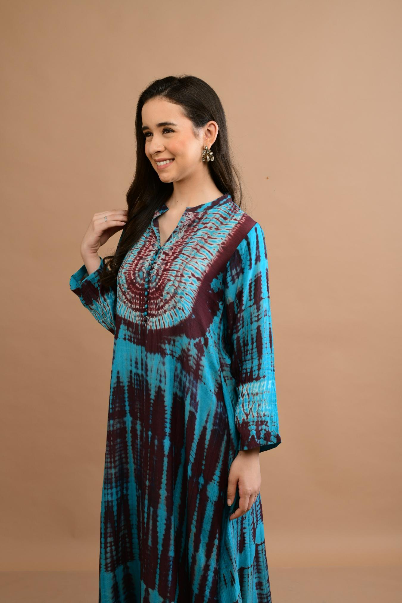 Brown Turquoise Shibori Tie Dye Kurta Set of 3