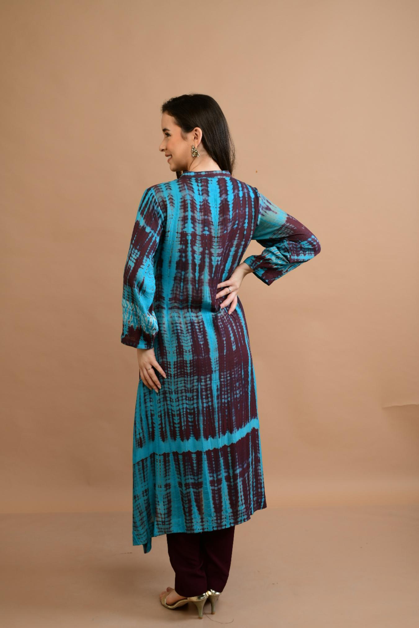 Brown Turquoise Shibori Tie Dye Kurta Set of 3
