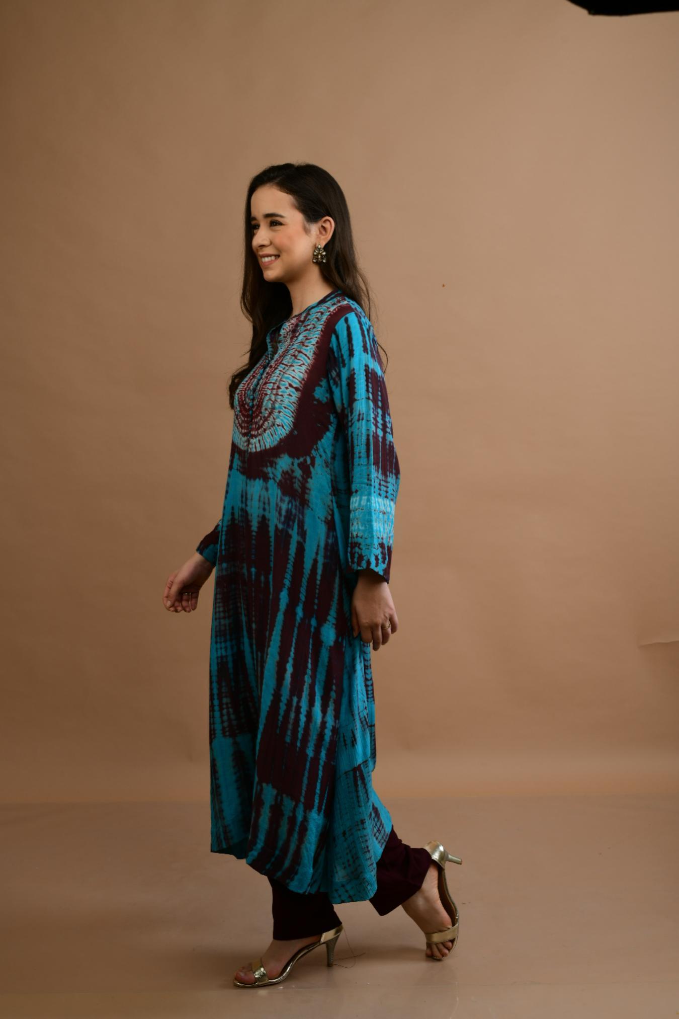 Brown Turquoise Shibori Tie Dye Kurta Set of 3