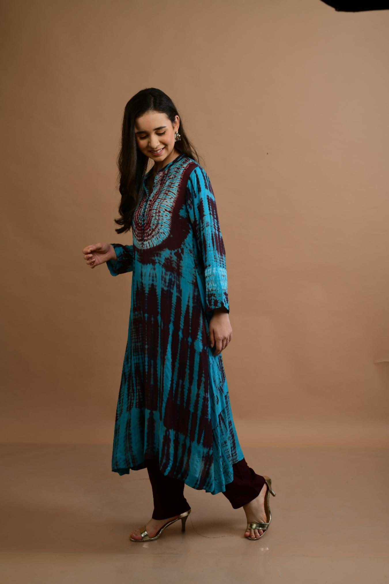 Brown Turquoise Shibori Tie Dye Kurta Set of 3