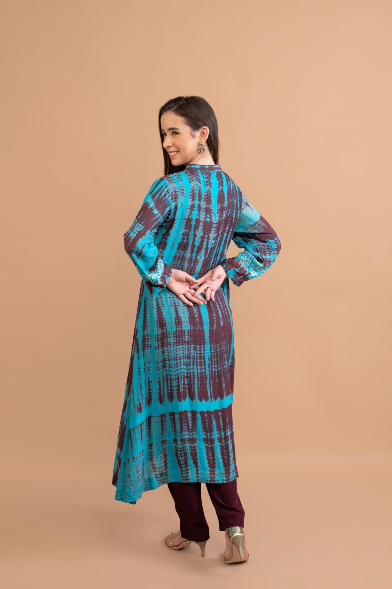 Brown Turquoise Shibori Tie Dye Kurta Set of 3