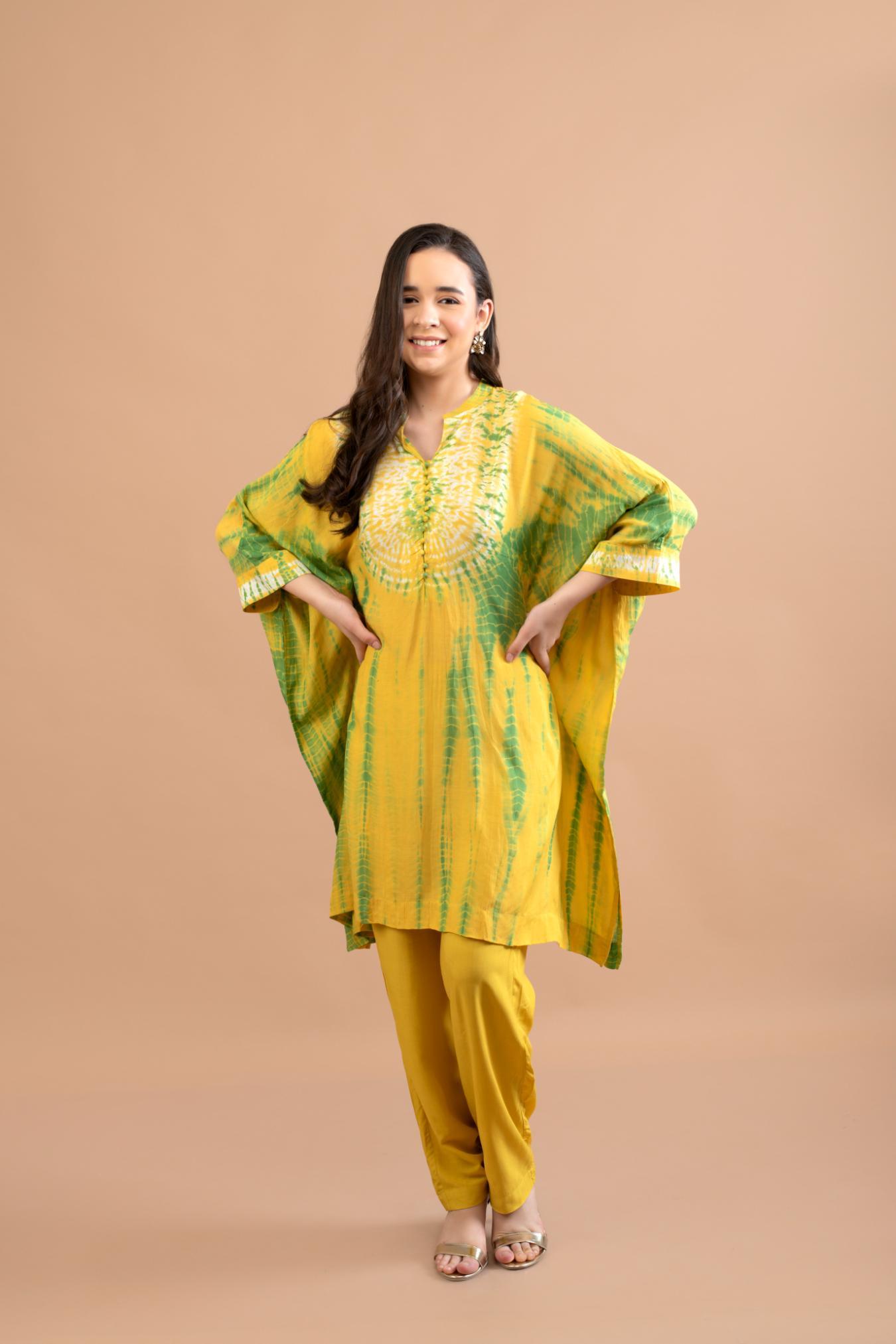 YELLOW GREEN SHIBORI YOKE AND TUNIC SET OF 2