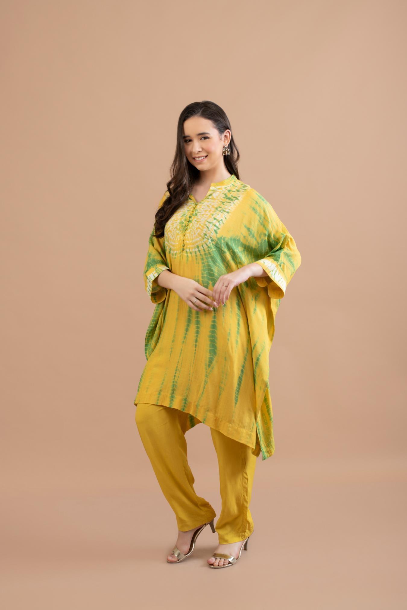 YELLOW GREEN SHIBORI YOKE AND TUNIC SET OF 2