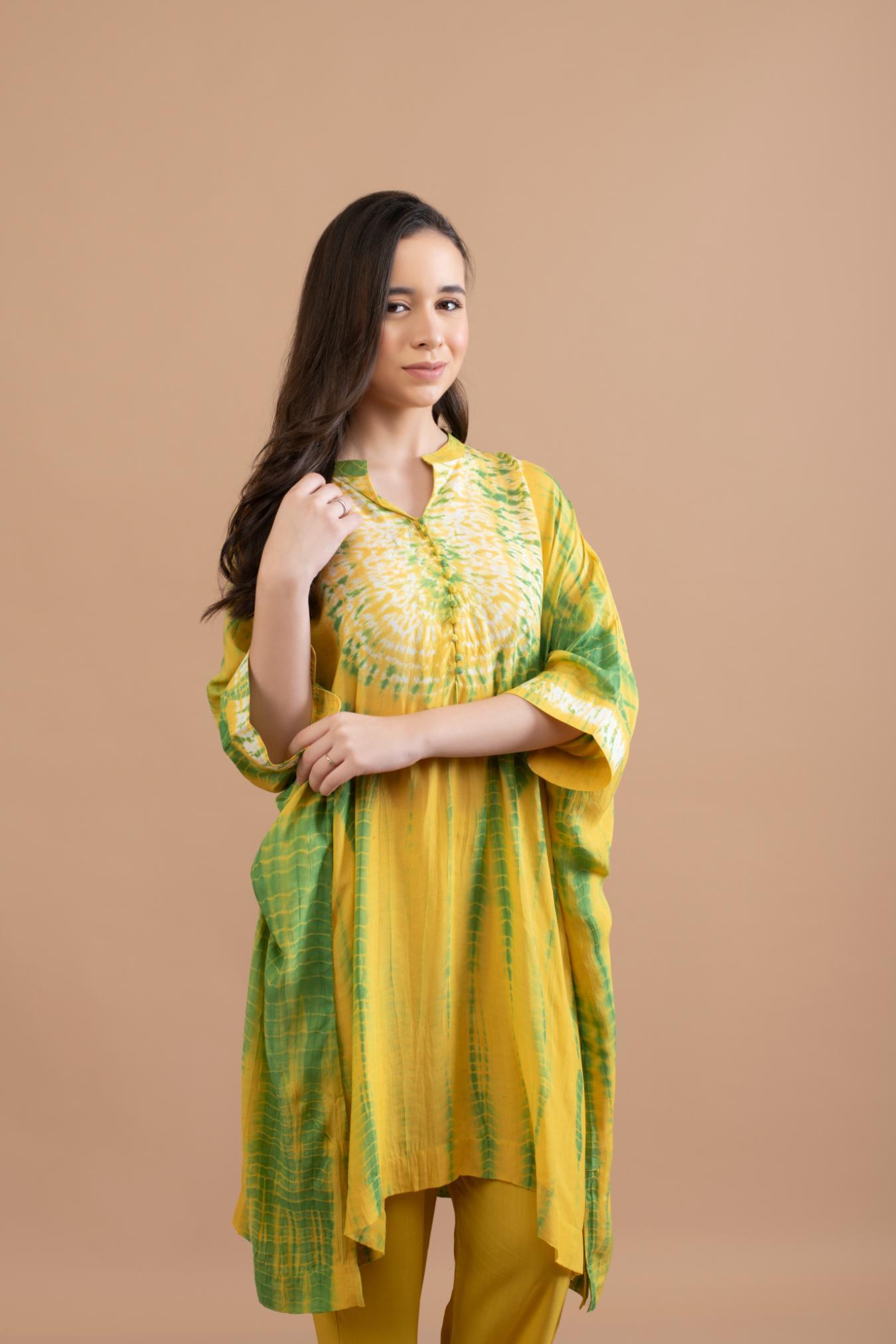 YELLOW GREEN SHIBORI YOKE AND TUNIC SET OF 2