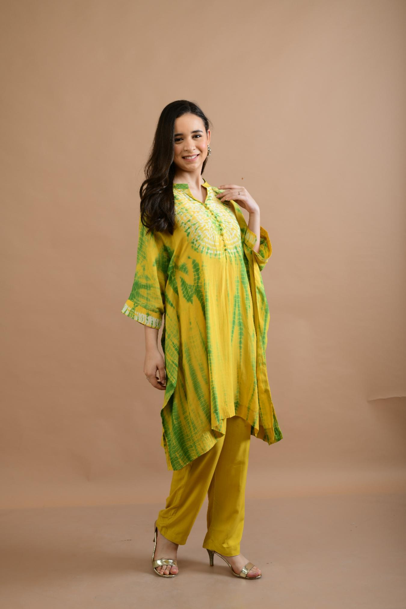 YELLOW GREEN SHIBORI YOKE AND TUNIC SET OF 2