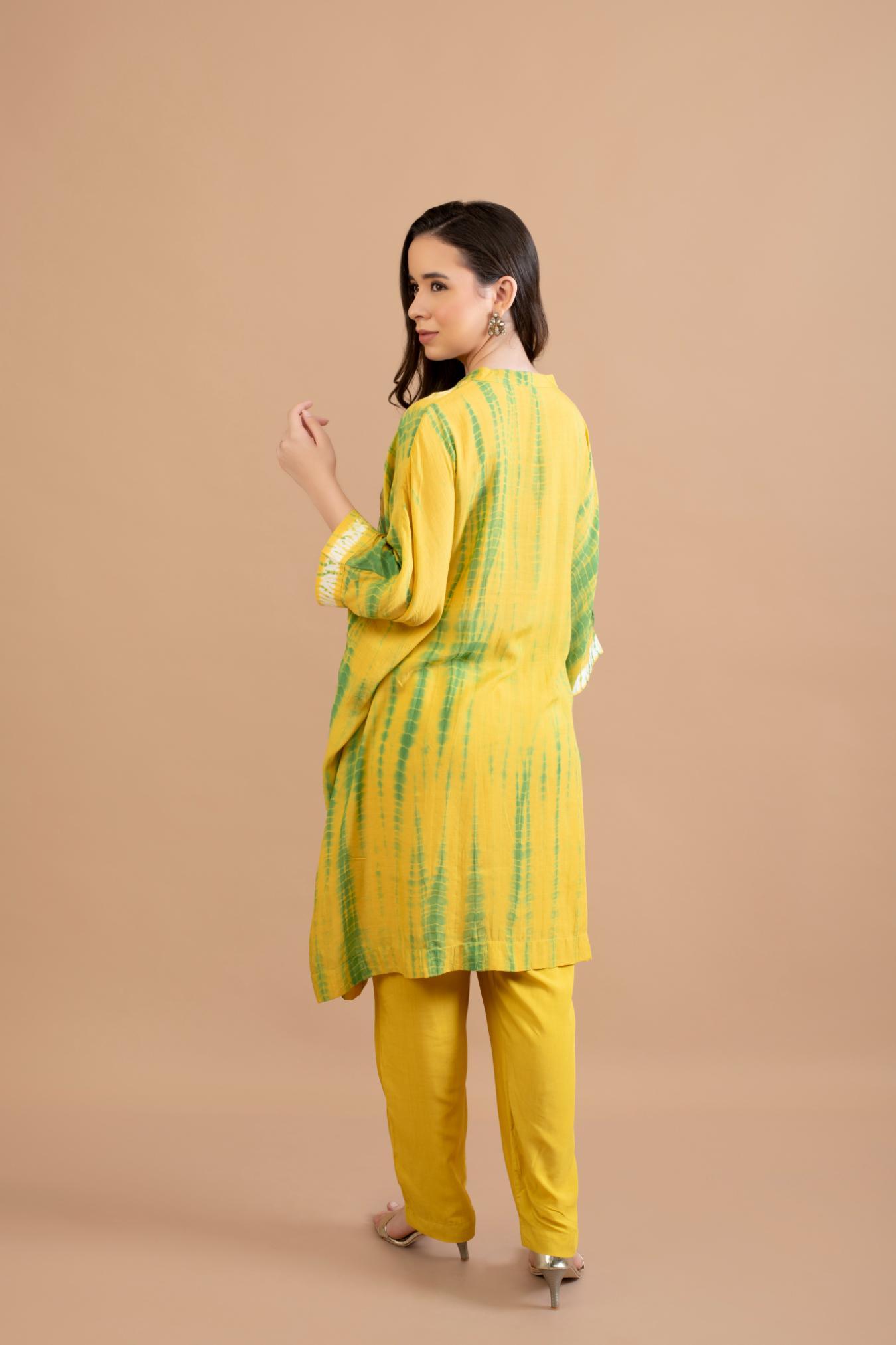 YELLOW GREEN SHIBORI YOKE AND TUNIC SET OF 2