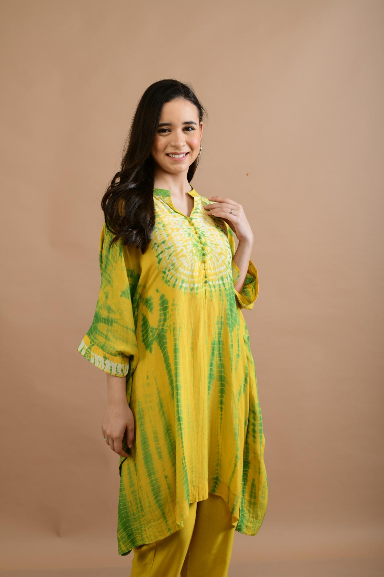 YELLOW GREEN SHIBORI YOKE AND TUNIC SET OF 2