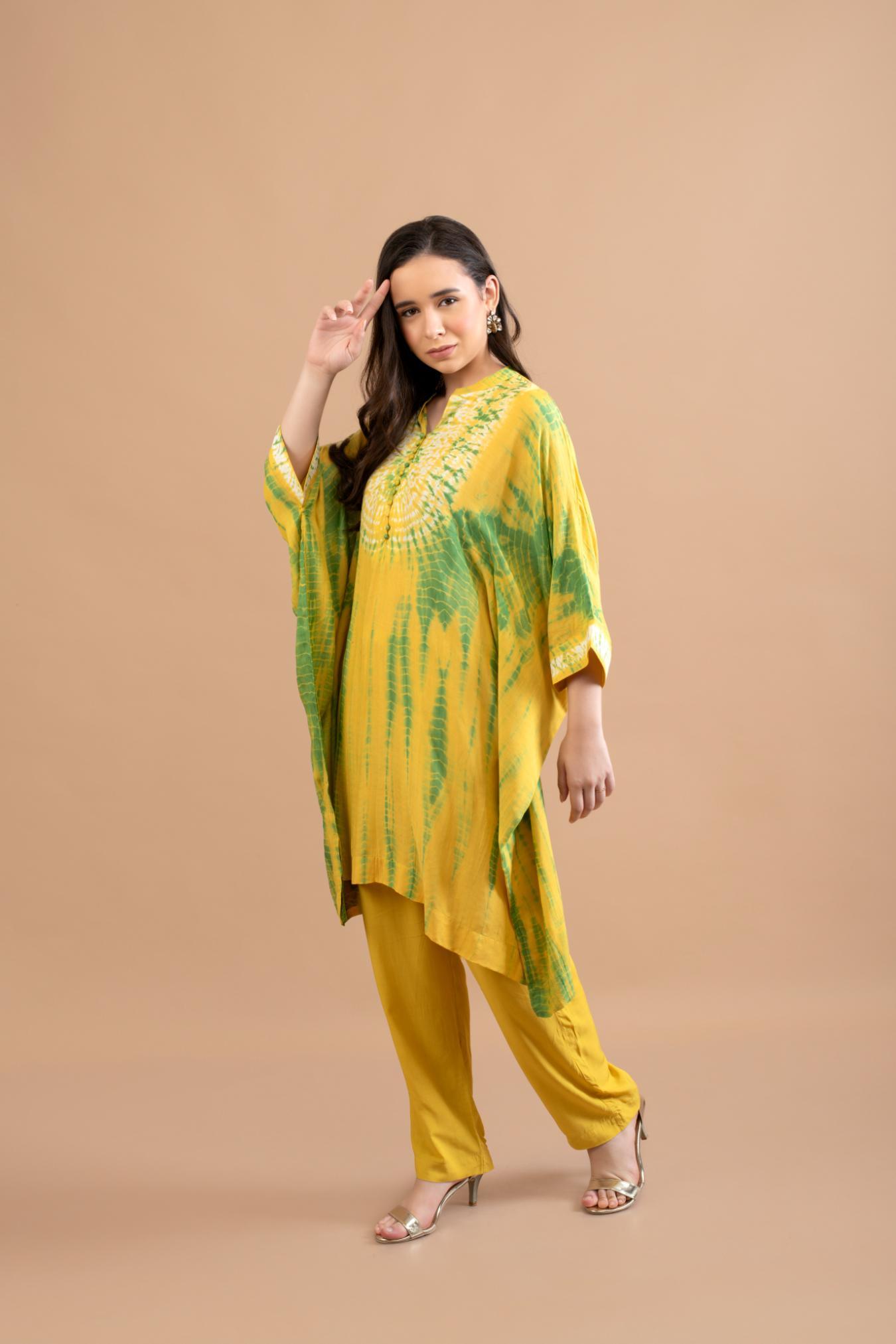YELLOW GREEN SHIBORI YOKE AND TUNIC SET OF 2