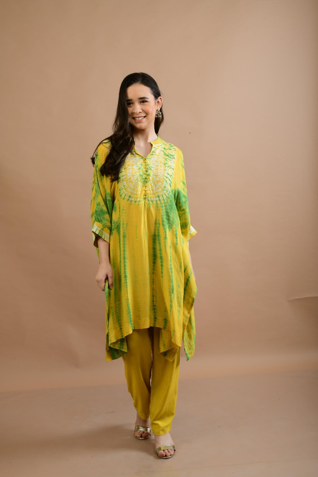 YELLOW GREEN SHIBORI YOKE AND TUNIC SET OF 2
