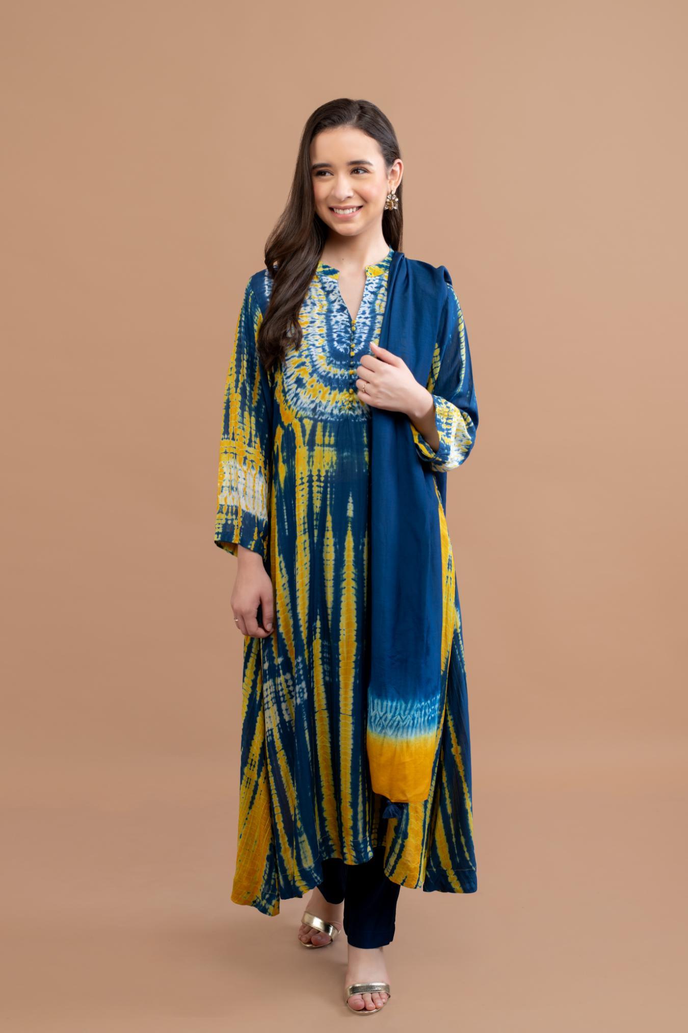 Blue Mustard Yellow Shibori Yoke & Tie Dye Kurta Set of 3