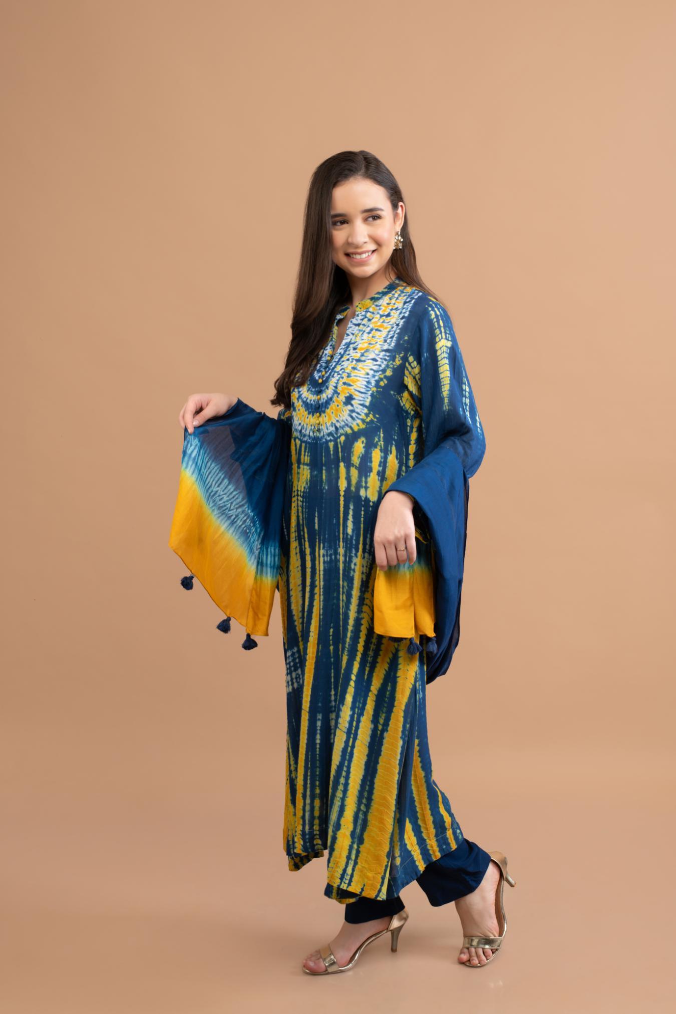 Blue Mustard Yellow Shibori Yoke & Tie Dye Kurta Set of 3